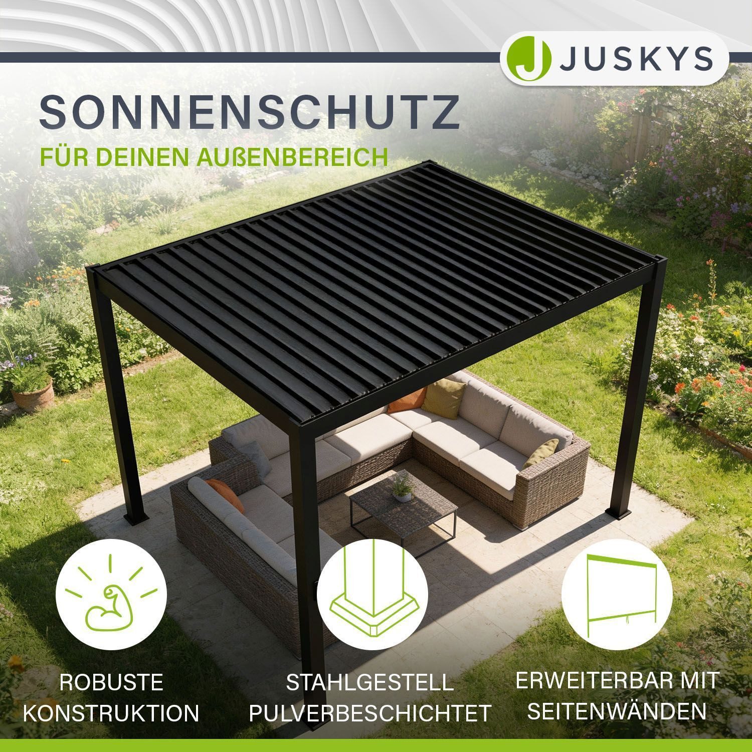 Juskys Terrassendach Tahiti, BxT: 300x400 cm, Lamellendach, Pergola für Garten, inkl. Seitenwand 3m