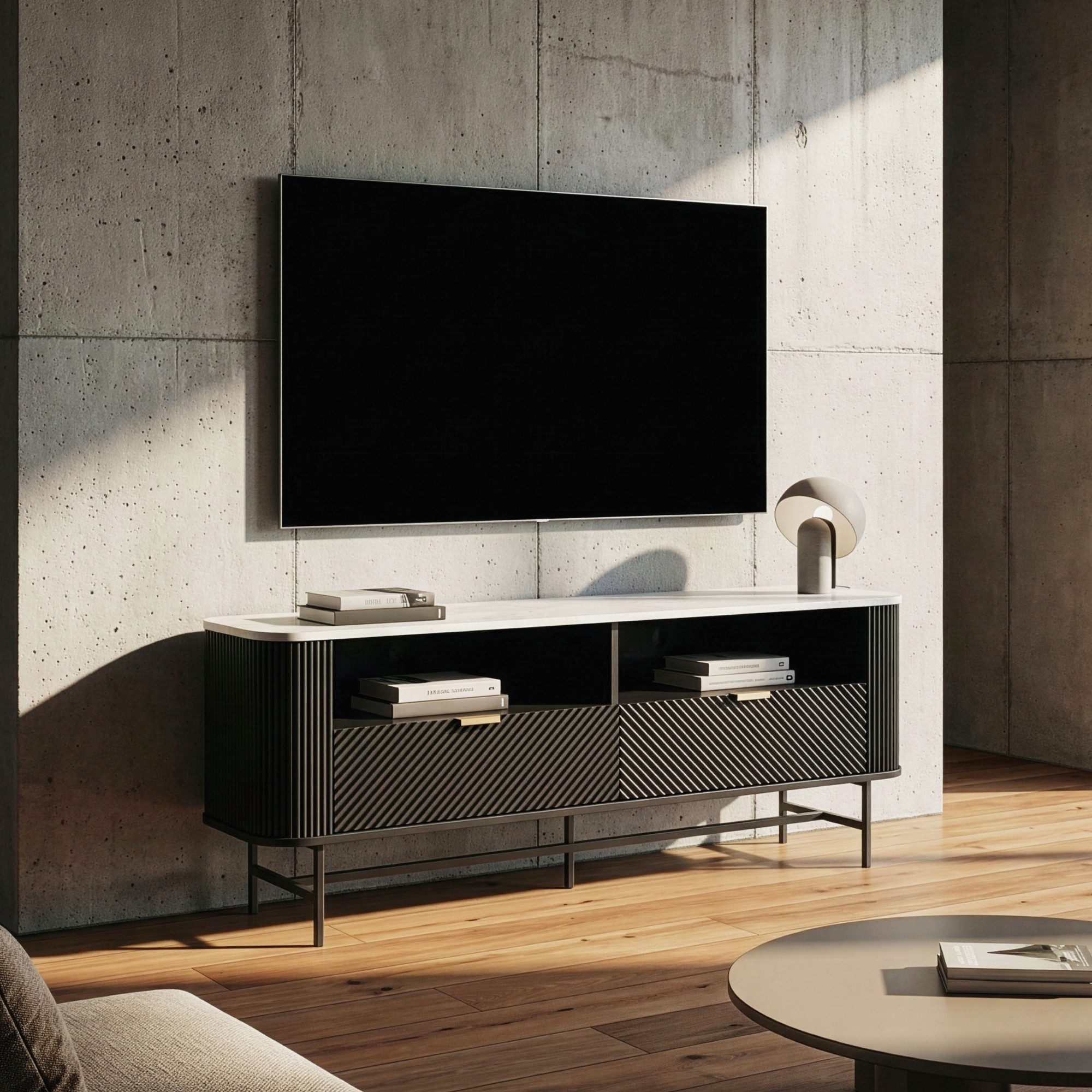 en.casa TV-Schrank »Olvehok« 140x40x55 cm mit 2 Schubladen Schwarz/Marmoroptik, weiß