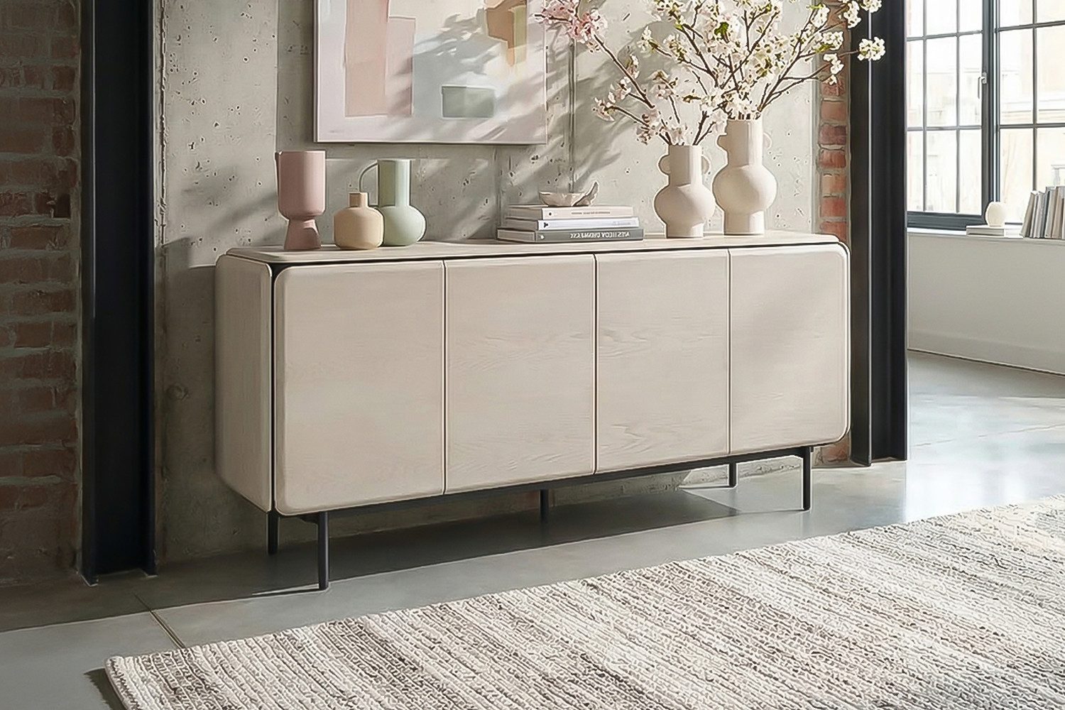 KAWOLA Sideboard AVRIL moderne Kommode, viel Stauraum, 4 Türen Eiche grau, Einlegeböden verstellbar