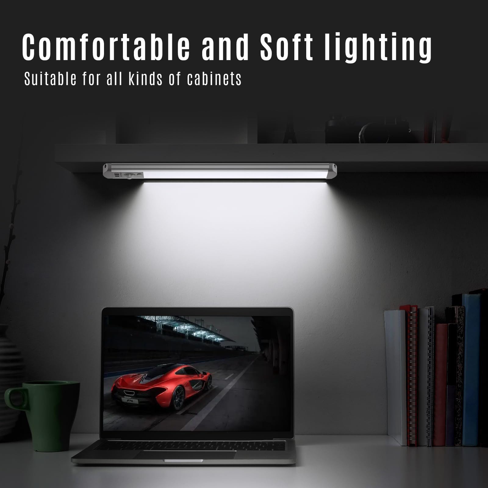 LQWELL LED Unterbauleuchte mit Bewegungsmelder, Dimmbar, Akku, USB-C Wiederaufladbar Schranklicht, LED fest integriert, Treppenlicht, Nachttischlampe 32 cm, 180 – Bild 5 von 5