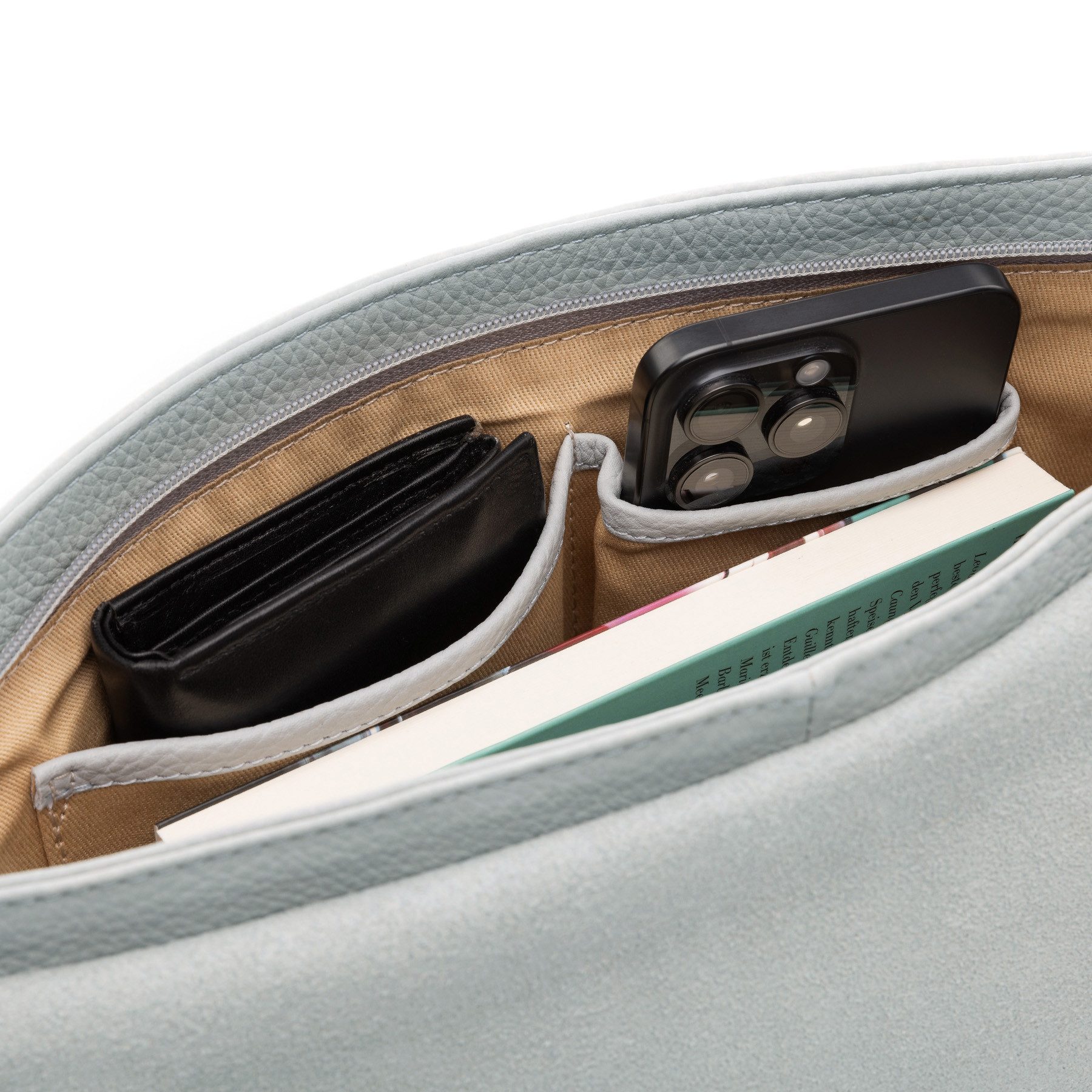 FEYNSINN Umhängetasche echt Leder groß Ledertasche slate LIVA, Schultertasche Echtleder Damen, Crossbody Bag M blau-grau