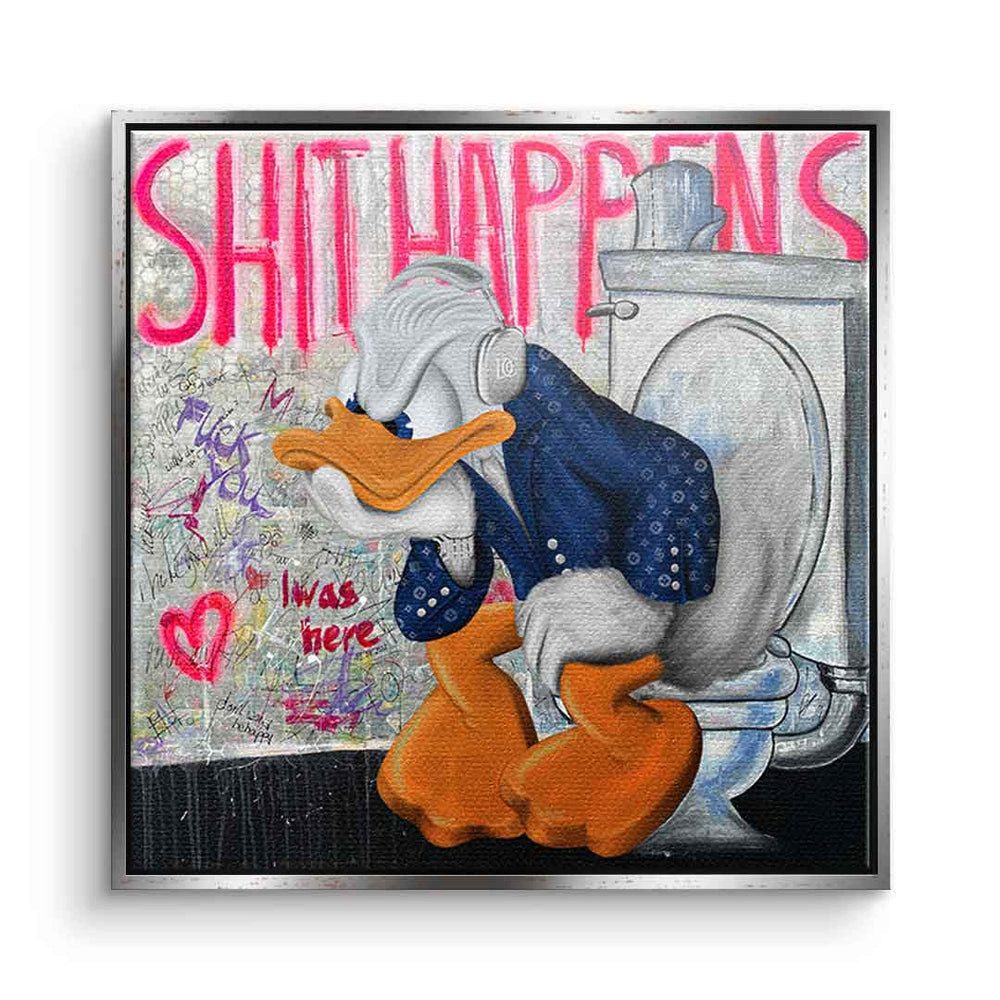 DOTCOMCANVAS® Leinwandbild Shit Happens, Leinwandbild Donald Duck Shit Happens Bad Toilette Pop Art Comic