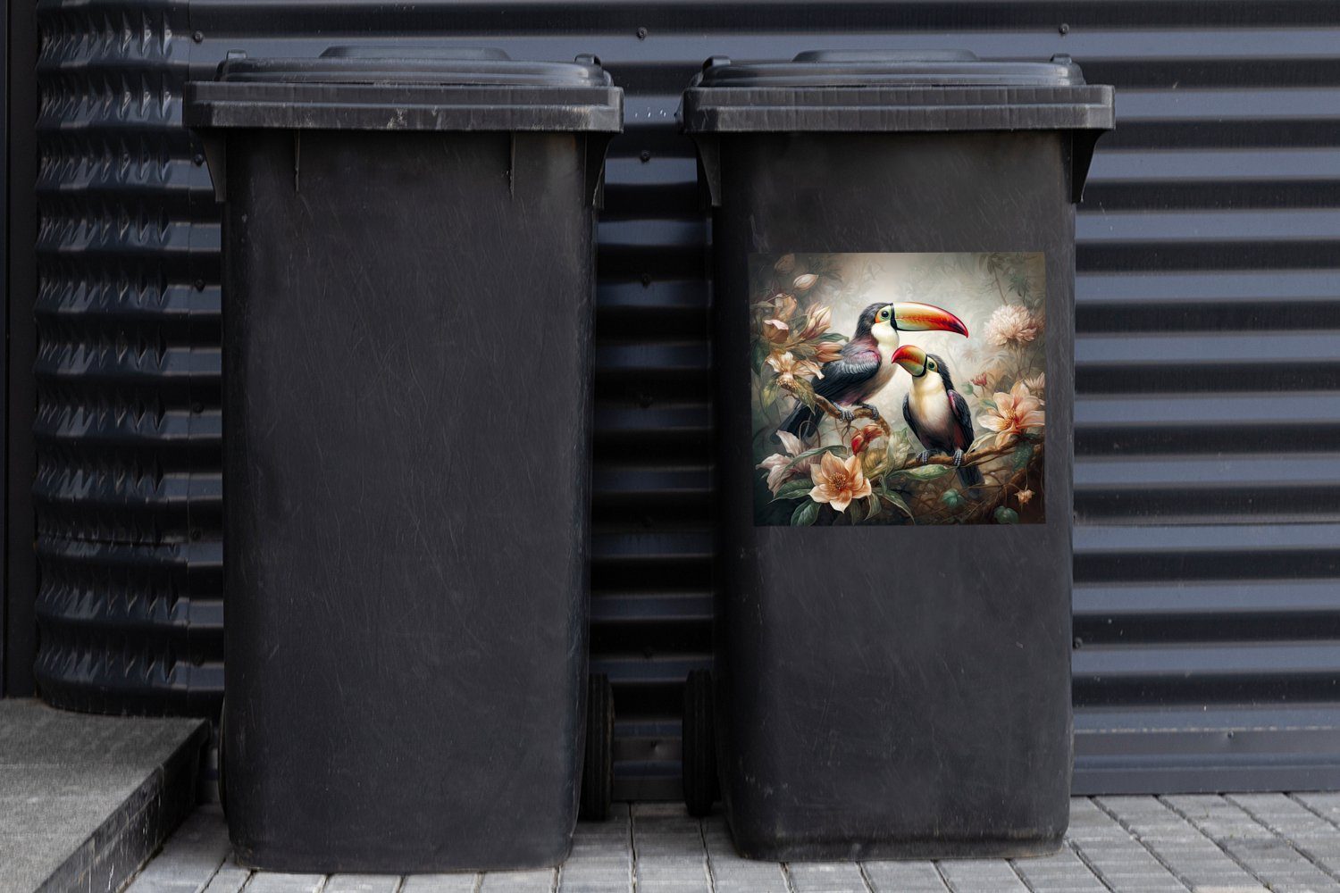 Mülleimer-aufkleber, Tukan Blumen - St), Container, MuchoWow - Vögel Sticker, (1 - Dschungel Mülltonne, Wandsticker Abfalbehälter