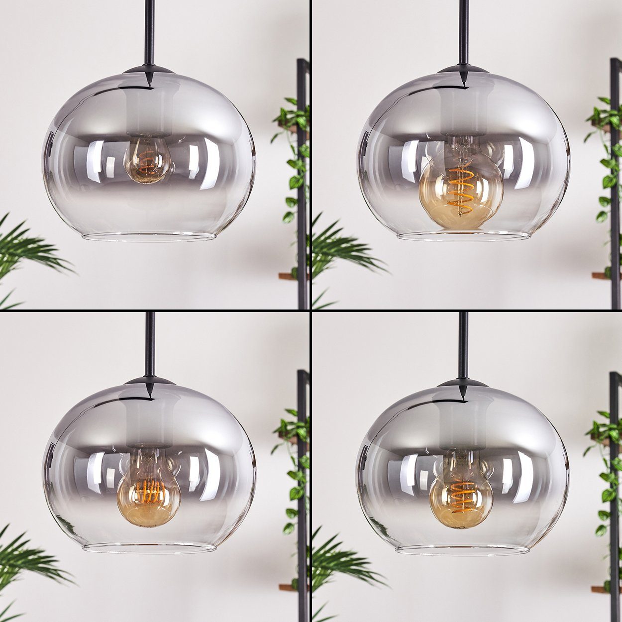 hofstein Hängeleuchte Hängelampe aus Metall/Glas in Schwarz/Rauchfarben/Klar, ohne Leuchtmittel, im Vintage/Retro Design, Glasschrime Ø20cm, 3x E27, ohne Leuchtmittel