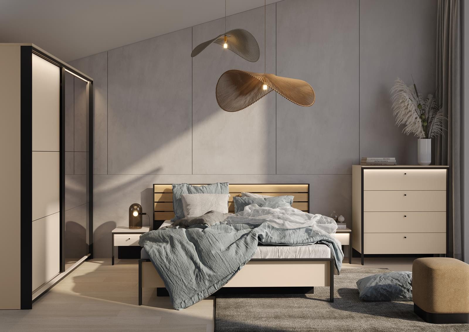 Compleo Schwebetürenschrank beige, Kleiderschrank modern, Ideal für das Schlafzimmer EMS