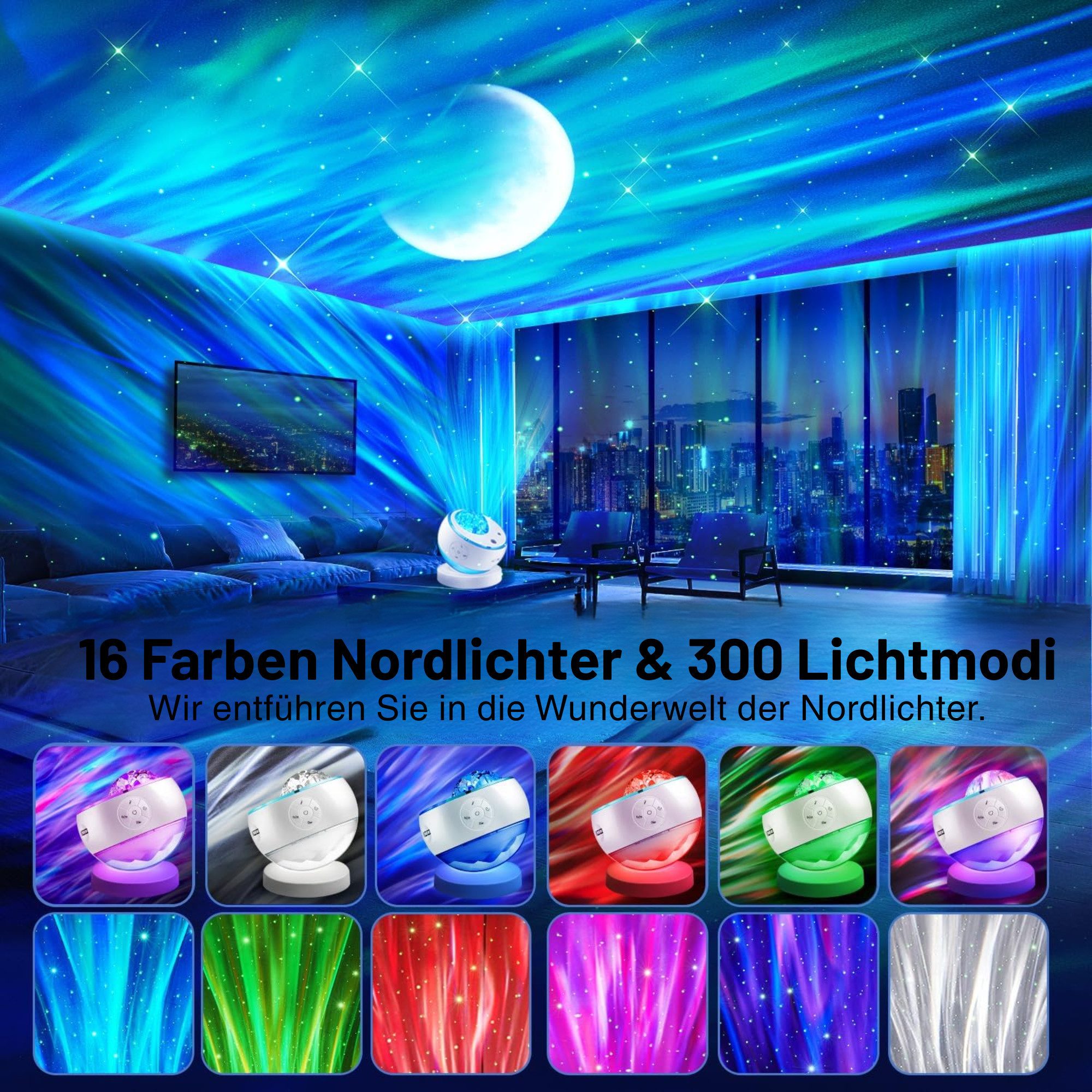 Vivitar LED Nachtlicht Sternenhimmel Projektor mit Fernbedienung, 3D Galaxy Lampe 16 Farben, 16 Farben Nordlichter & 300 Lichtmodi, LED fest integriert, RGB, 30 Modi und Meereswellen Nachtlicht und Projektor in einem dimmbar