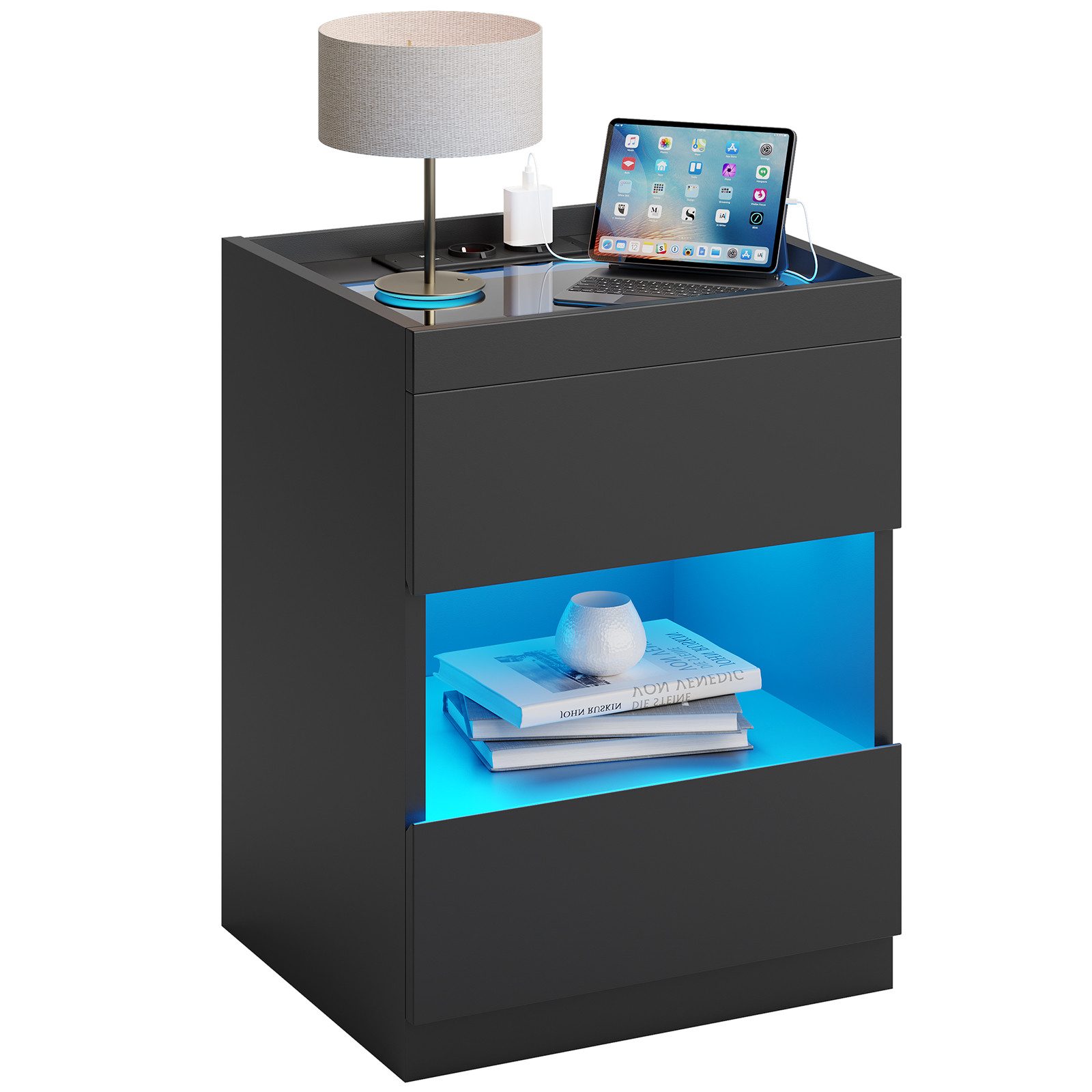 MSMASK Nachttisch mit LED-Leuchten, 2 Schubladen und offenem Stauraum (1-St), mit offenem Stauraum, 2 USB-Anschlüssen und 2 AC-Steckdosen