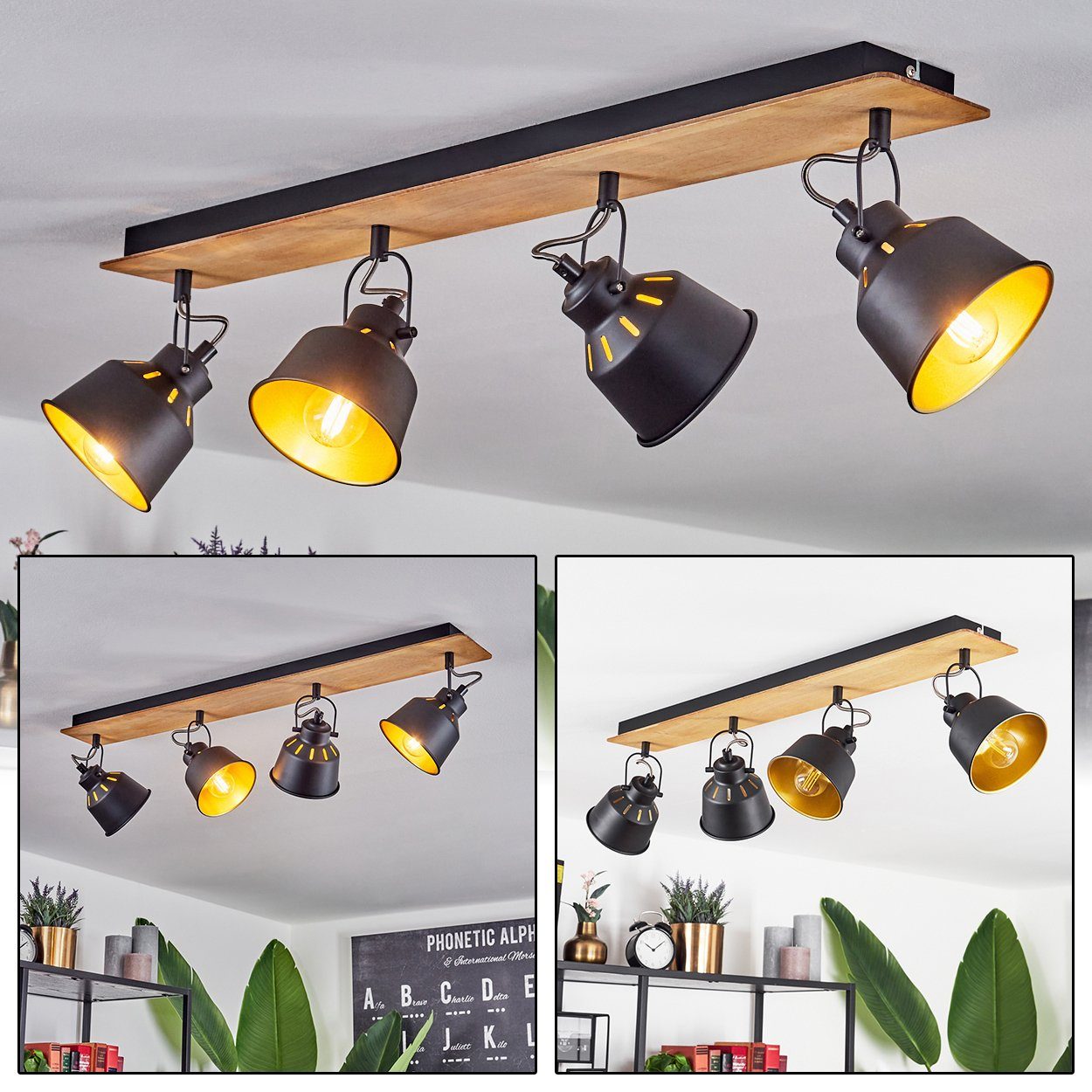 Retro-/Vintage-Design in verstellbaren »Rimini« Leuchtmittel, ohne Deckenlampe Metall/Holz u. Lichteffekt, mit Schwarz/Chrom/Gold/Natur, Schirmen E14 hofstein aus Deckenleuchte