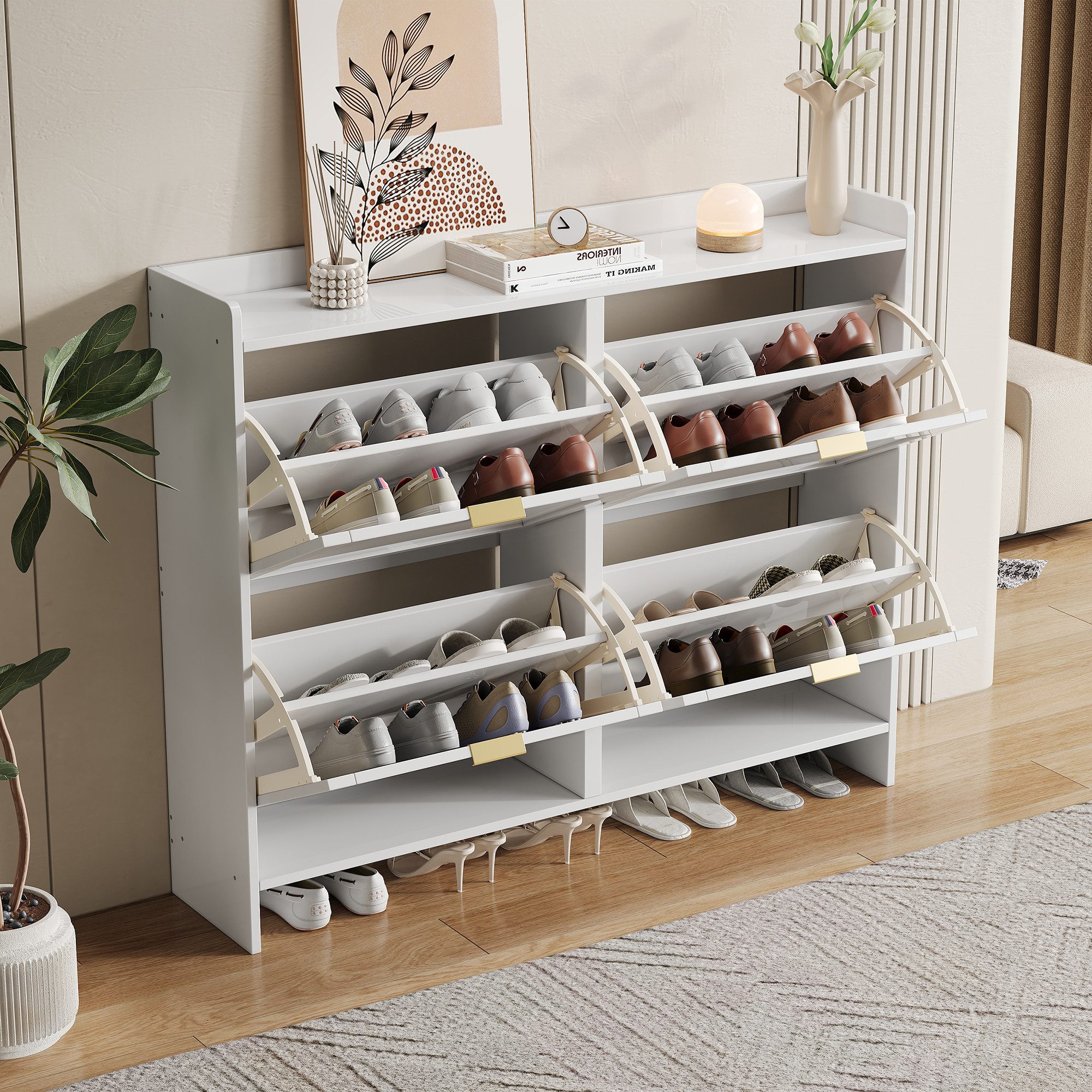 Flieks Schuhschrank (ca 24 Paar Schuhe, 1-St., B110/T24/H90 cm) Schuhregal mit 4 Klappen Schuhkipper Schuhkommode weiß