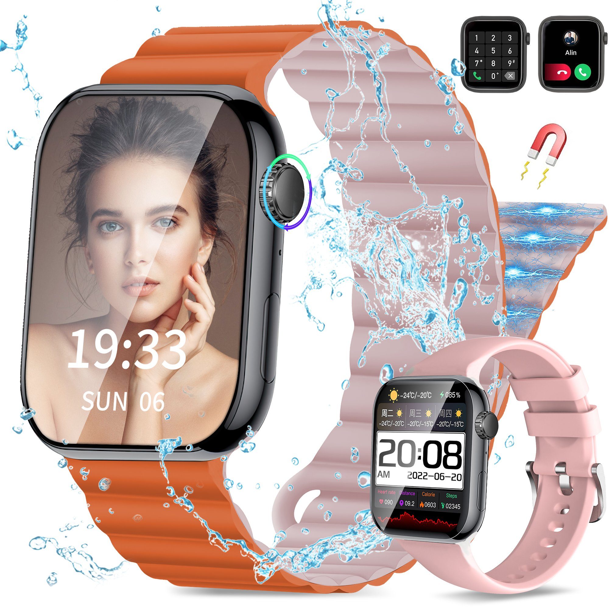 Tisoutec Smartwatch Damen Herren Smartwatch (Fitnessuhr mit Telefonfunktion/WhatsApp Notiz,Smartwatch Fitness Tracker Uhr IP67 Wasserdicht,1.7