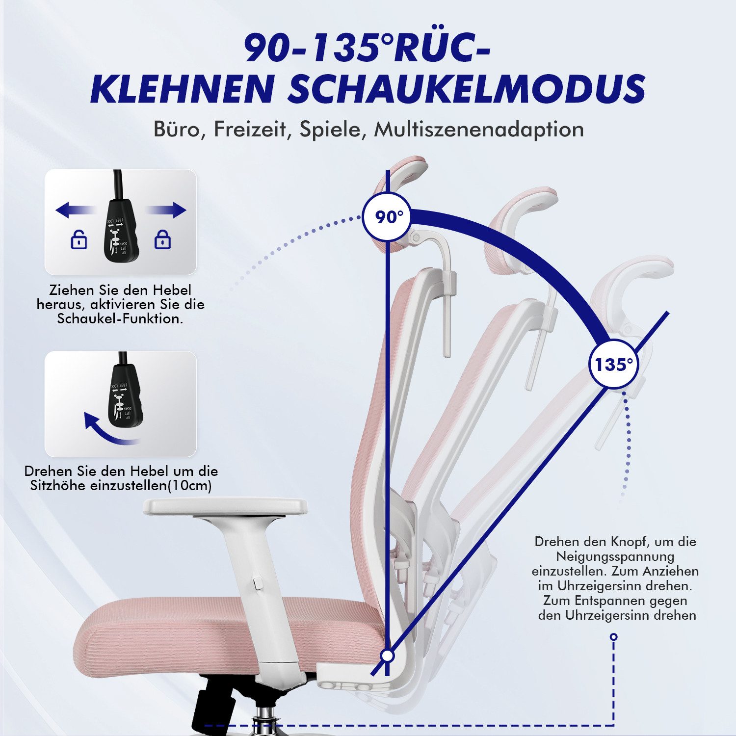Adormii Bürostuhl bürostuhl ergonomisch, schreibtischstuhl mit verstellbarer Lendenstütze (Ergonomischer bürostuhl mit verstellbaren Armlehnen, büro stuhl bis zu 135° neigbar, ergonomic office chair mit höhenverstellbarer, atmungsaktiv und komfortabel, bürostuhl 200 kg)