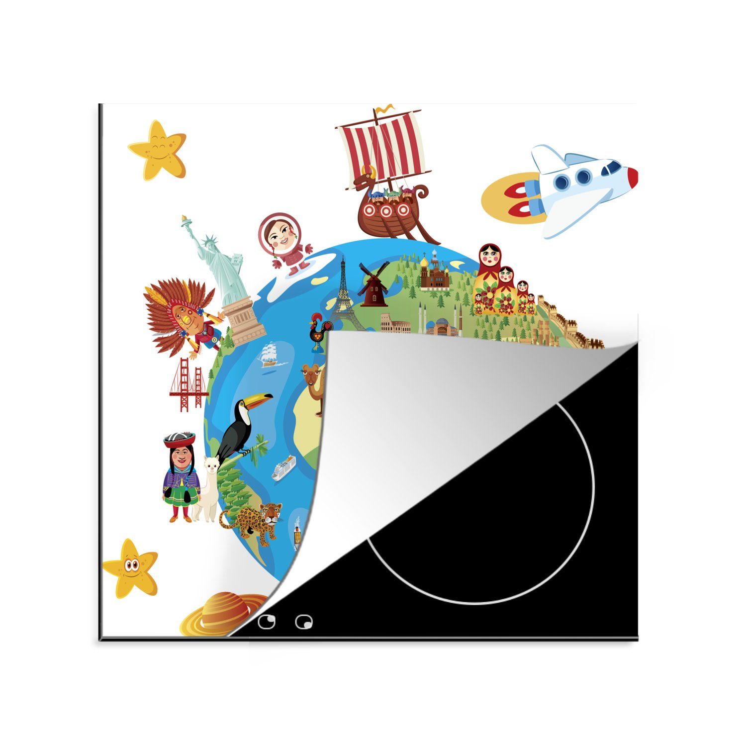 MuchoWow Herdblende-/Abdeckplatte Eine Illustration einer Cartoon-Weltkarte mit Symbolen, Vinyl, (1 tlg), 78x78 cm, Ceranfeldabdeckung, Arbeitsplatte für küche