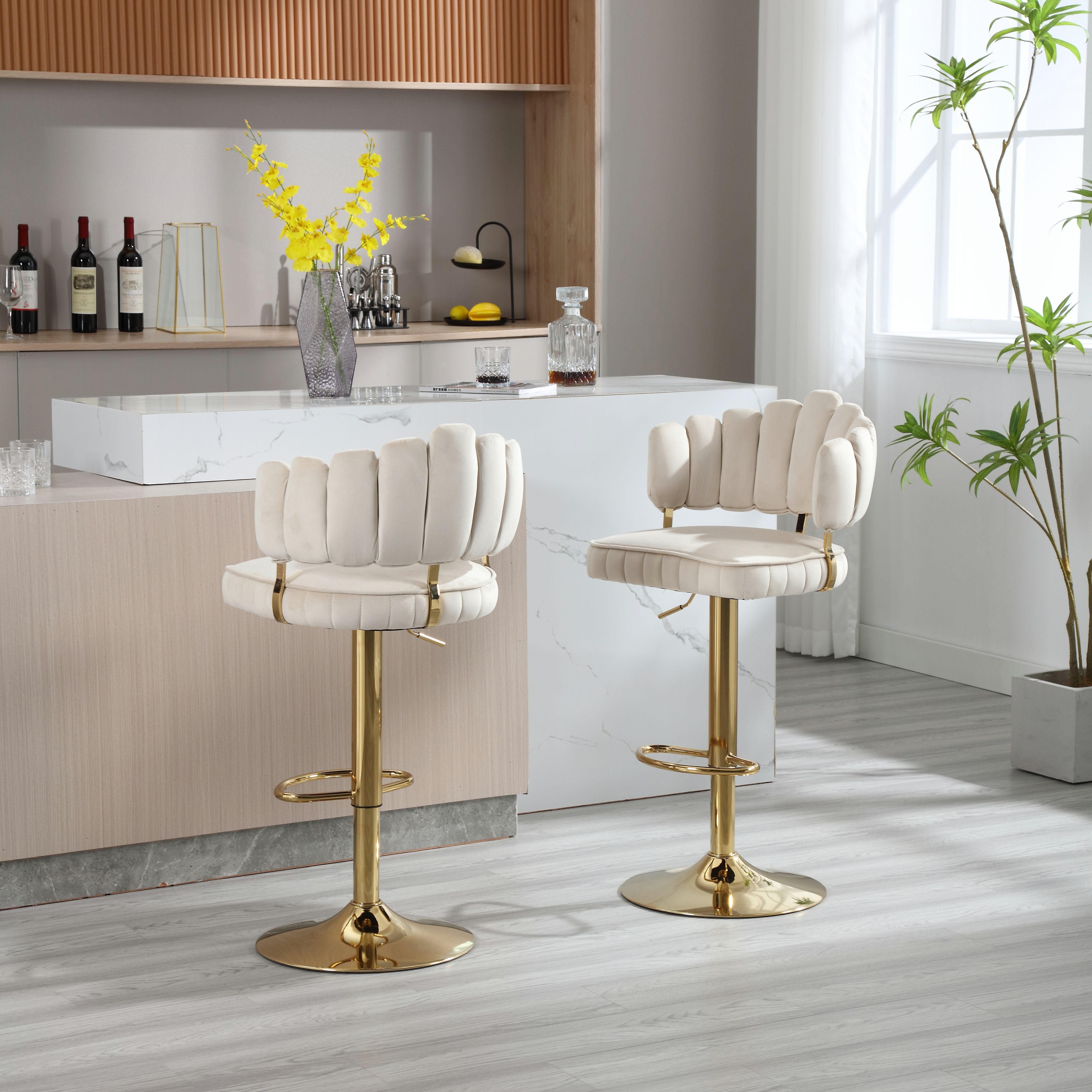 (Barstühle Esszimmer) 2 Fußstütze Küche und WISHDOR mit für Barhocker beige mit Barhocker-Set Drehhocker, Tresenstühlen verstellbaren Drehbare