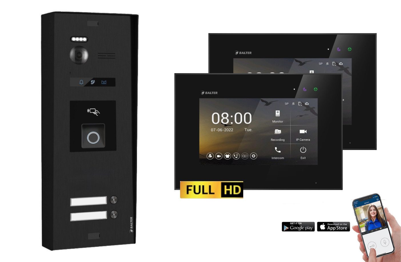 Balter Video-Türsprechanlage BALTER EVO-HD Aufputz Türsprechanlage 2-Familienhaus Schwarz (Set, 2-Familienhaus, Komplettset, Full HD 175° Kamera, Fingerprint, RFID)