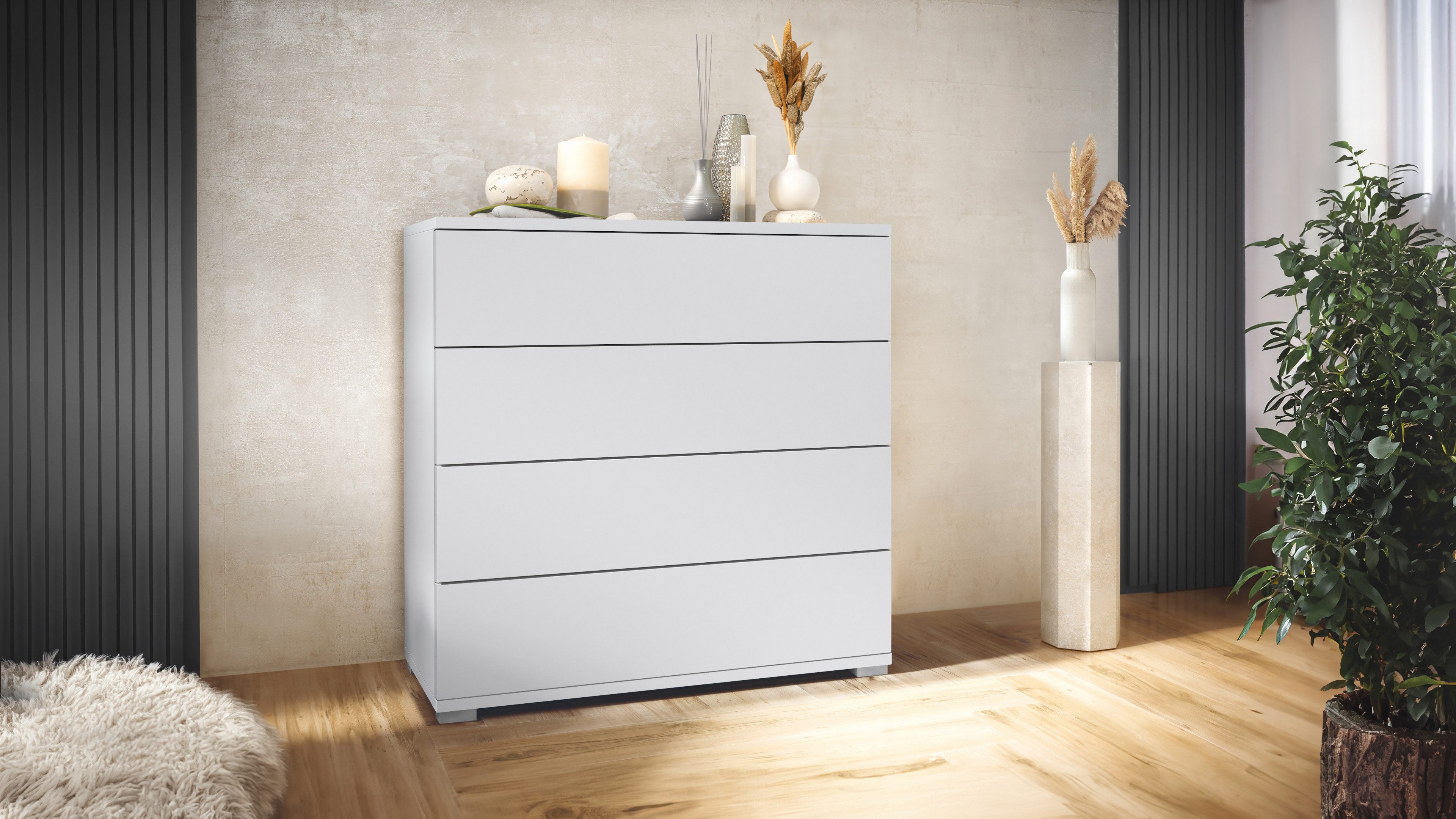 Vladon Kommode Pavos V3 (Sideboard, mit 4 Schubladen), Weiß matt/Weiß matt (76 x 76 x 35 cm)