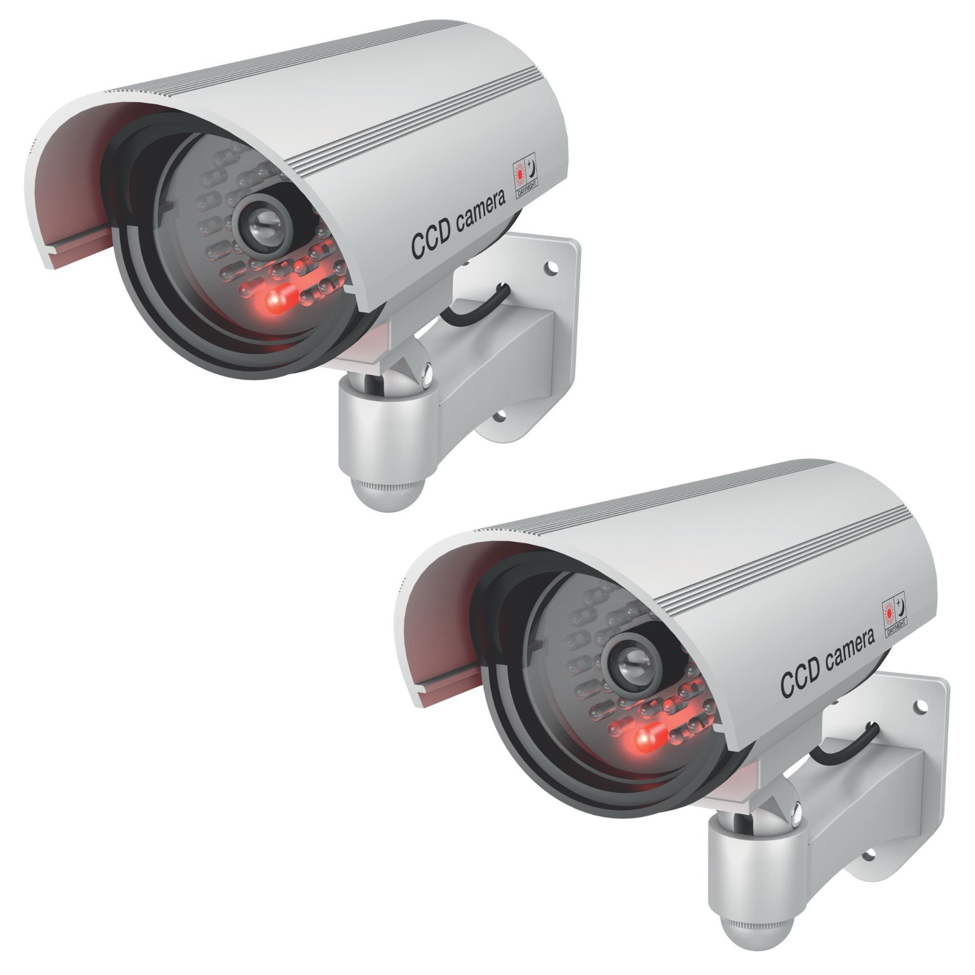 BASI Überwachungskamera Attrappe Dummy Kamera (Spar-Set, 2-tlg., Batteriebetrieben, LED-Licht, Innen-/Außen, Wandhalterung, 2 Stück)