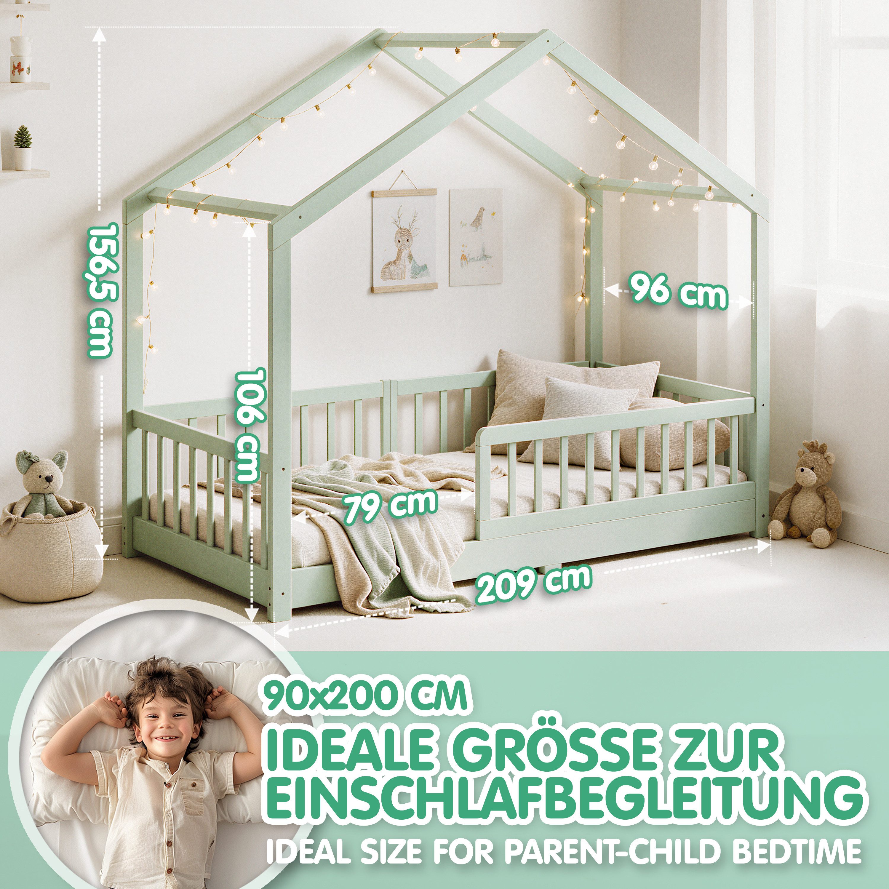 CADANI Kinderbett Malte Hausbett Bodenbett - Rausfallschutz abnehmbar - bis 200 kg (90x200 cm, Pistachio Grün, Montessori Kinder- & Jugendbett aus Kiefer Massiv – Bild 4 von 5