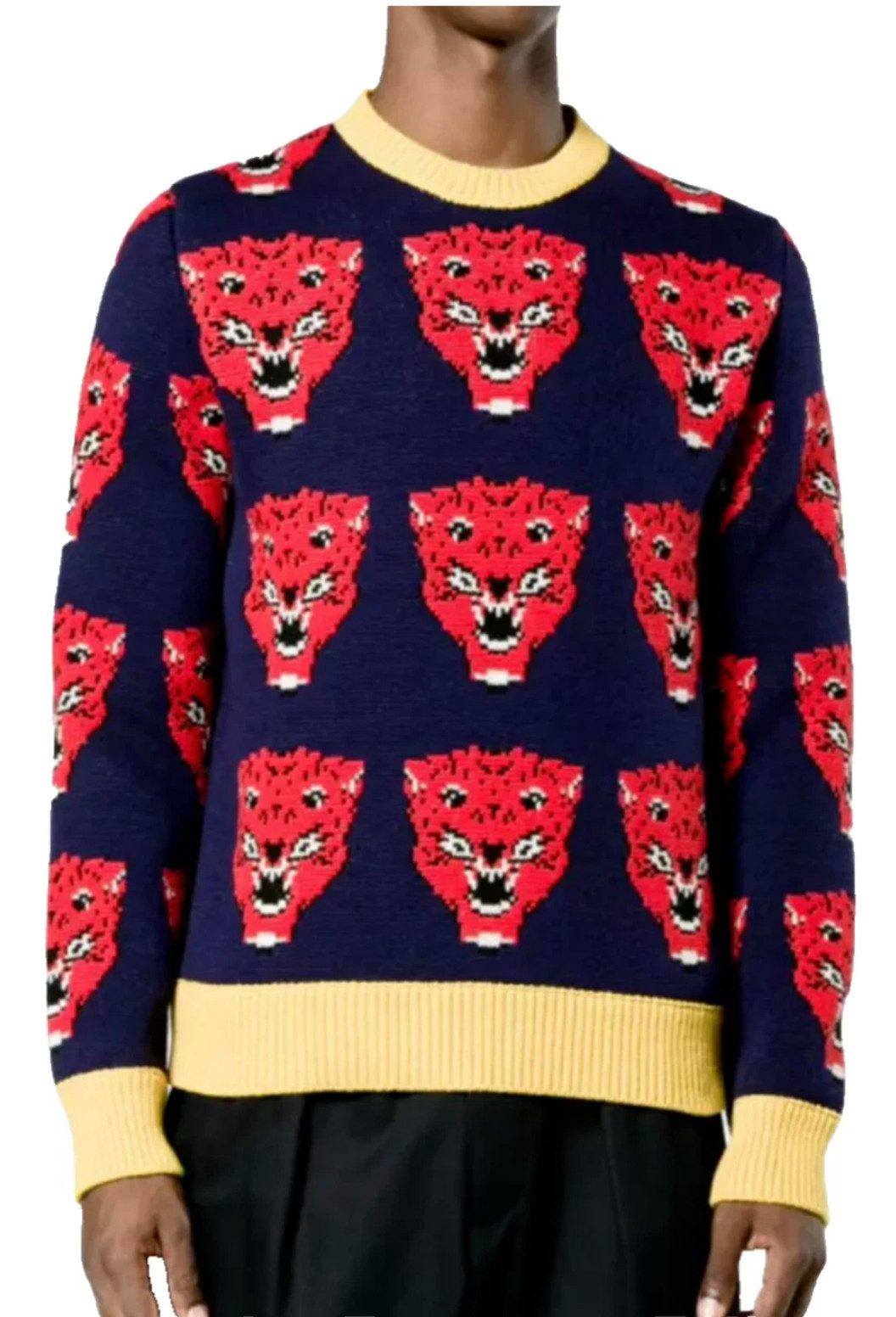Strickpullover Herren Pullover Tigerkopf Muster Rundhals