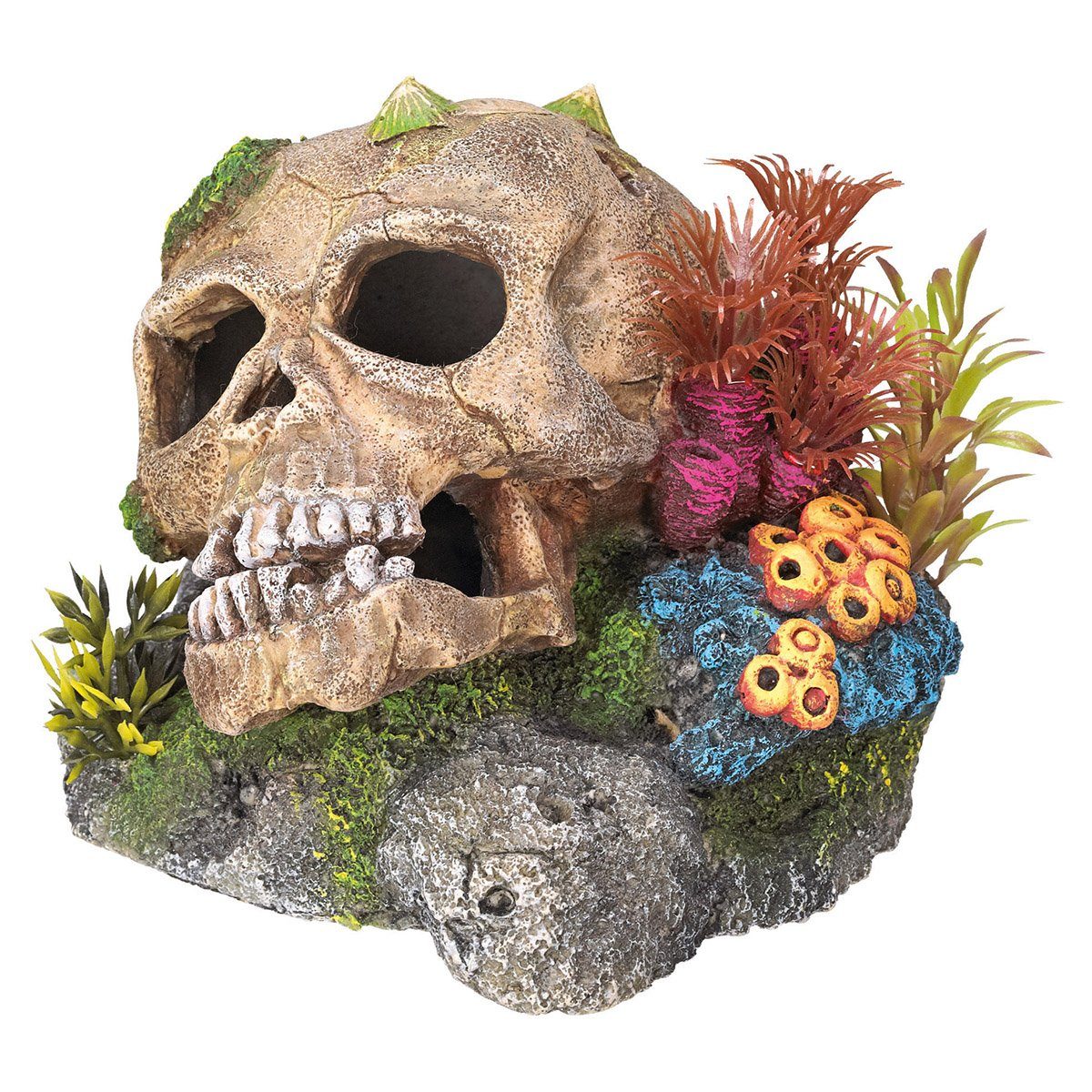 Aquariendeko Aquariendekoration Totenkopf mit Pflanzen 13,5 x 13,5 x 10,5 cm