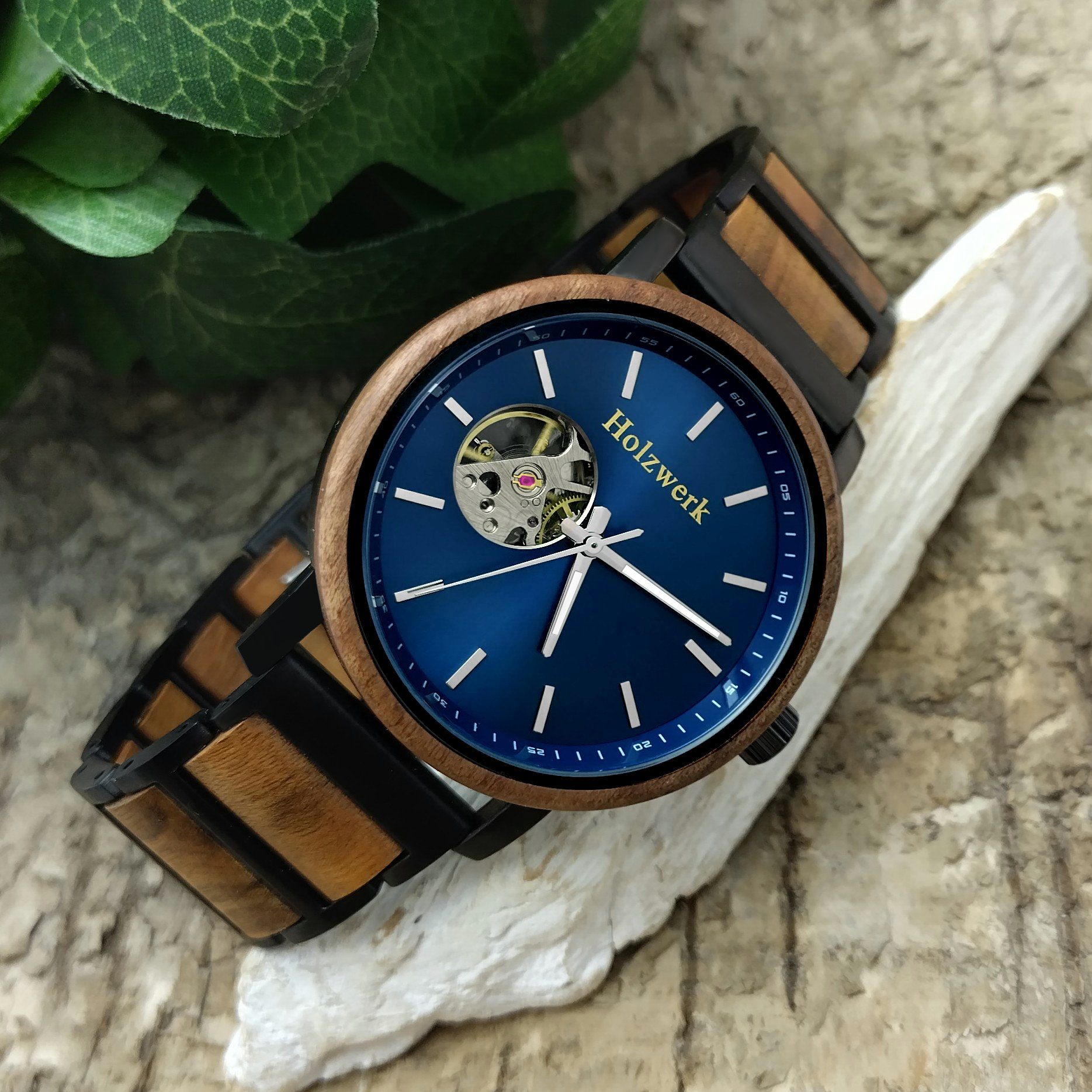 Holzwerk Automatikuhr schwarz, Herren Holz blau braun, Uhr, CLAUSTHAL Armband & Edelstahl