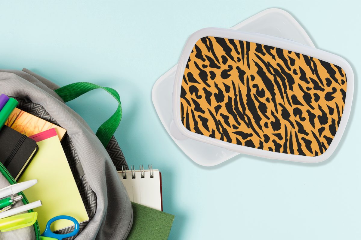 Muster Kunststoff, und (2-tlg), - Brotdose, Lunchbox weiß Erwachsene, Kinder für Haut Tigerdruck, Brotbox MuchoWow für - Jungs und Mädchen