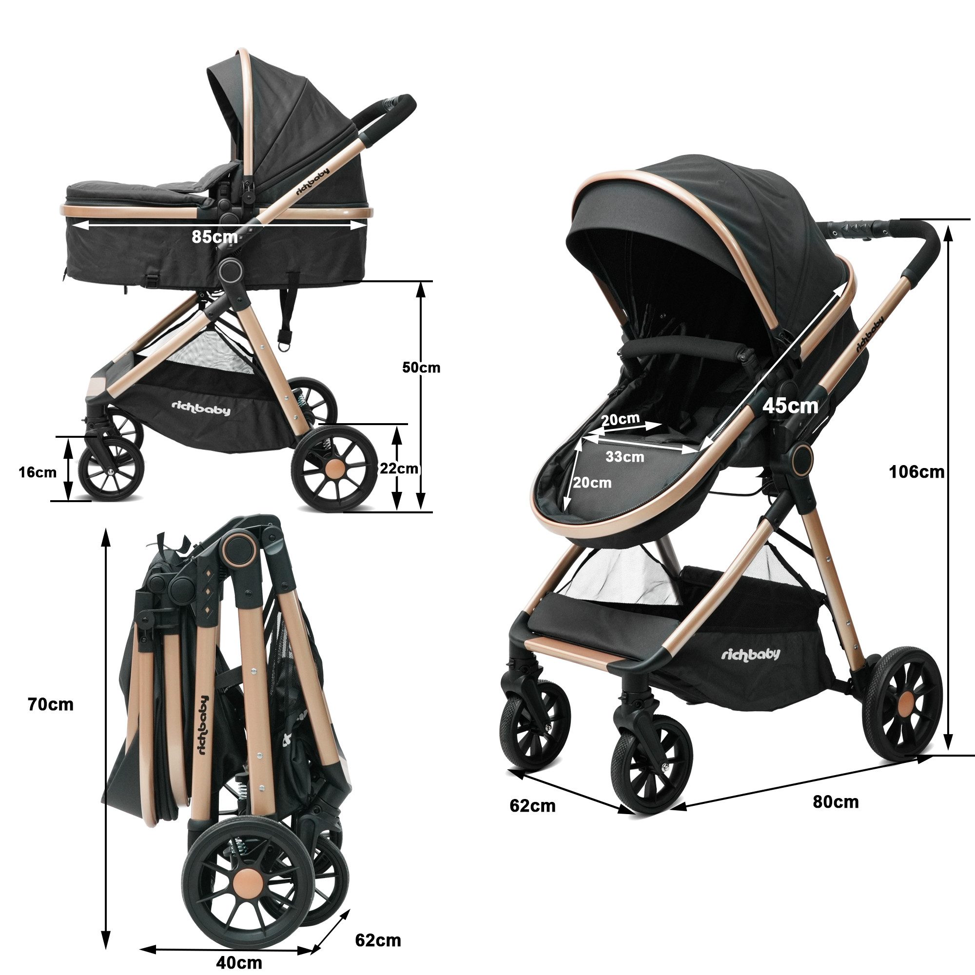 Odikalo Kombi-Kinderwagen EXQUISE V8A Kombi-Kinderwagen (umwandelbar zur Babywanne), (kompakt zusammenklappbar, mit hoher Sitzposition, verstellbarem Verdeck & Sicherheitsfunktionen – für Babys von 0 bis 36 Monaten)