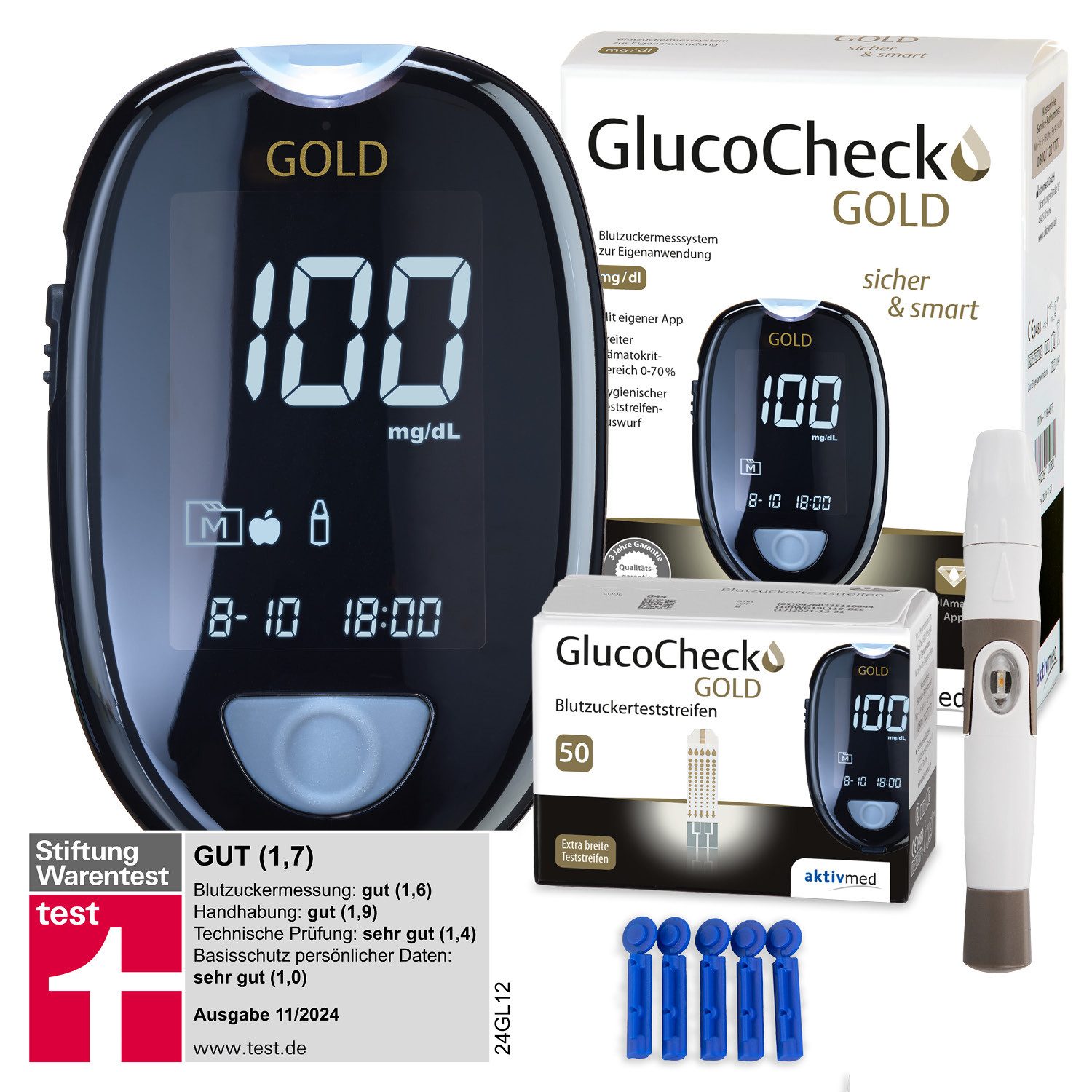 GlucoCheck Blutzuckermessgerät GlucoCheck GOLD Starter-Set mit 60 Teststreifen mg/dl