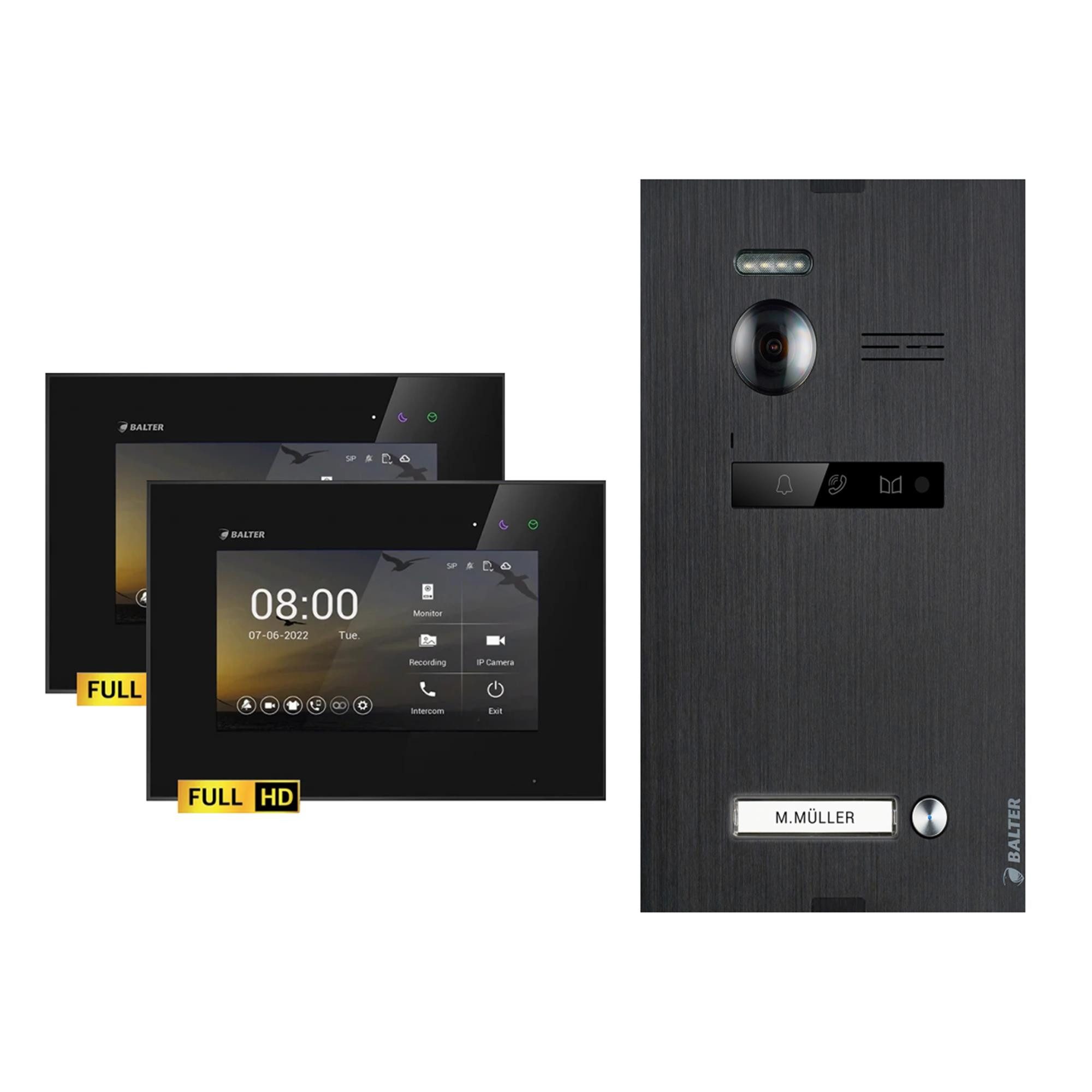 Balter Video-Türsprechanlage EVO-HD Komplettset 1-Familie Schwarz 2x 7" Monitore Schwarz (Set, 1-Familienhaus, Komplettset, FullHD Kamera)