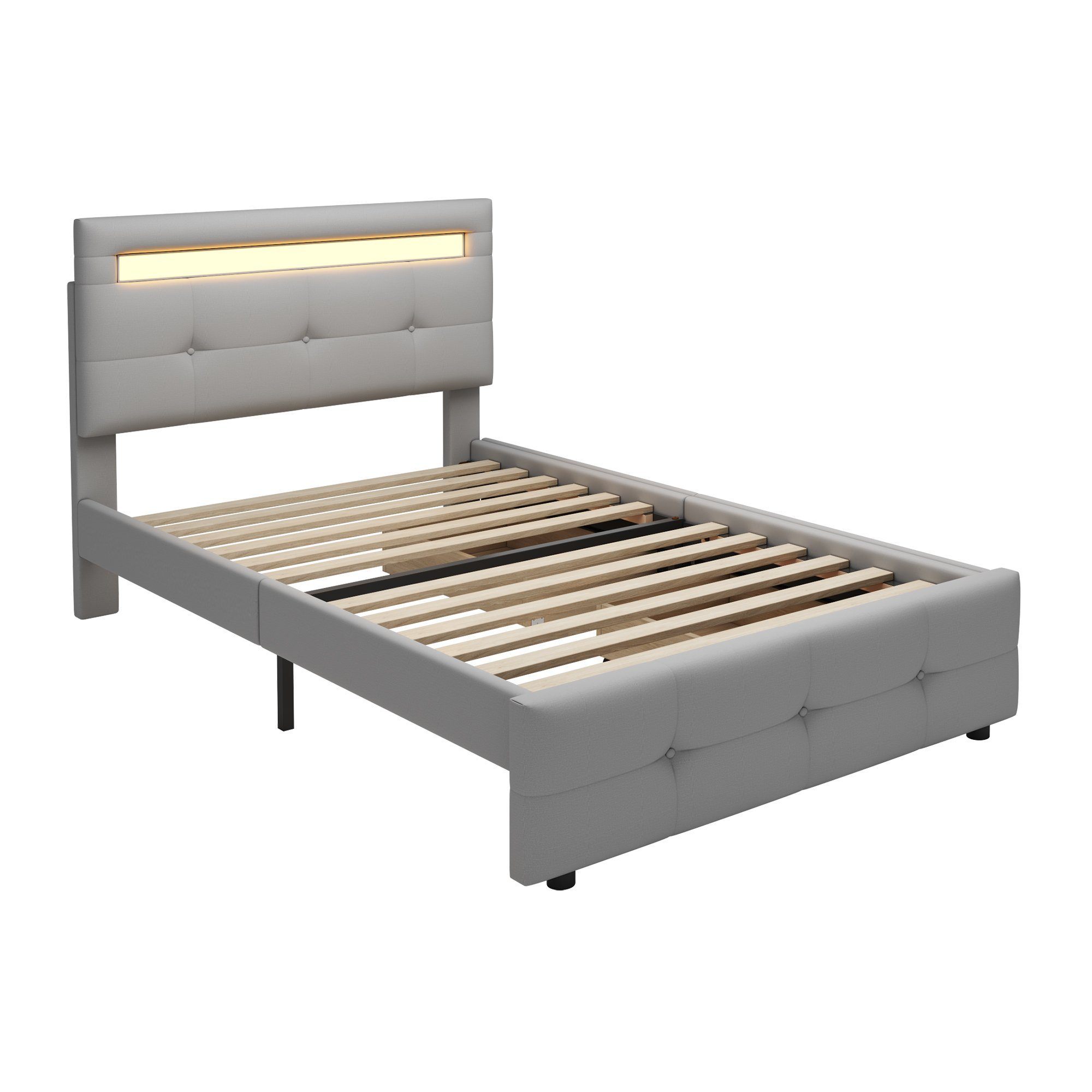 HAUSS SPLOE Bett Einzelbett Funktionsbett grau 2 LED-Leuchten, flach) hautfreundlicher (mit Bettrahmen KInderbett Schubladen, Leinenpolsterung