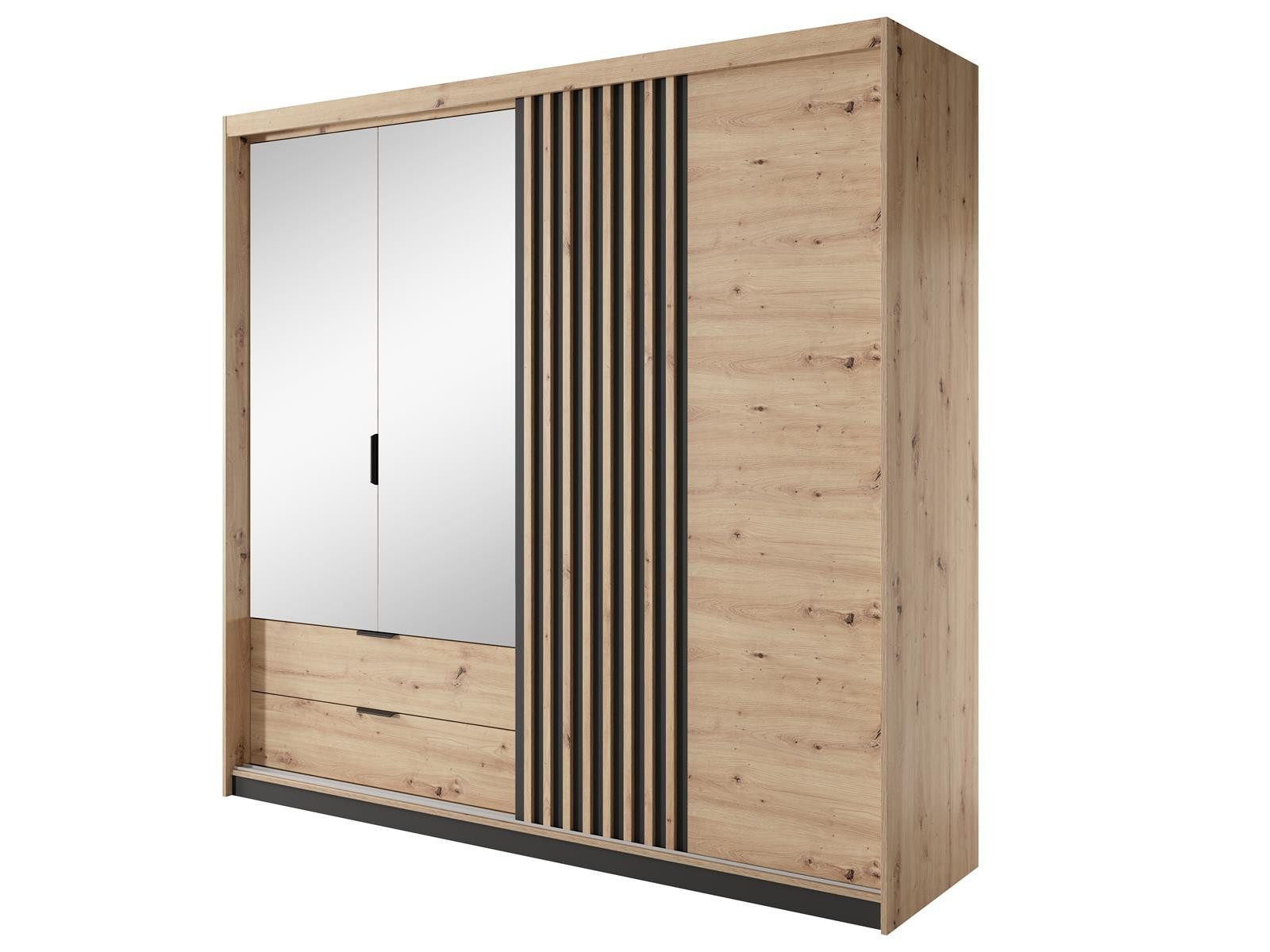 Compleo Schwebetürenschrank mit 2 Schubladen und Spiegel, Kleiderschrank mit zwei Türen MONS Modern Schlafzimmer