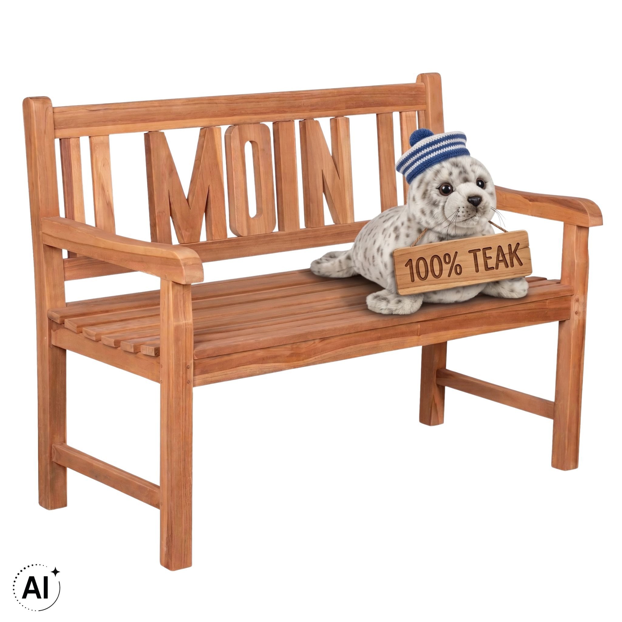 MR.DEKO Gartenbank Teak MOIN 120 cm – norddeutsch, einladend & wetterfest (2-Sitzer Bank, zerlegt geliefert, ideal für Terrasse, 1-St), Massive Sitzbank Garten und Balkon, 250 kg belastbar