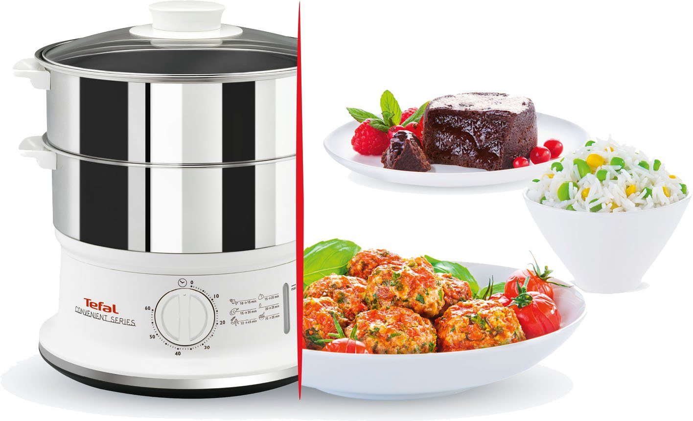 Tefal Dampfgarer Convenient Series, 900 W, 2 Edelstahlbehälter, 6 L, Ø 24cm, Timer, Abschaltautomatik, VC1451