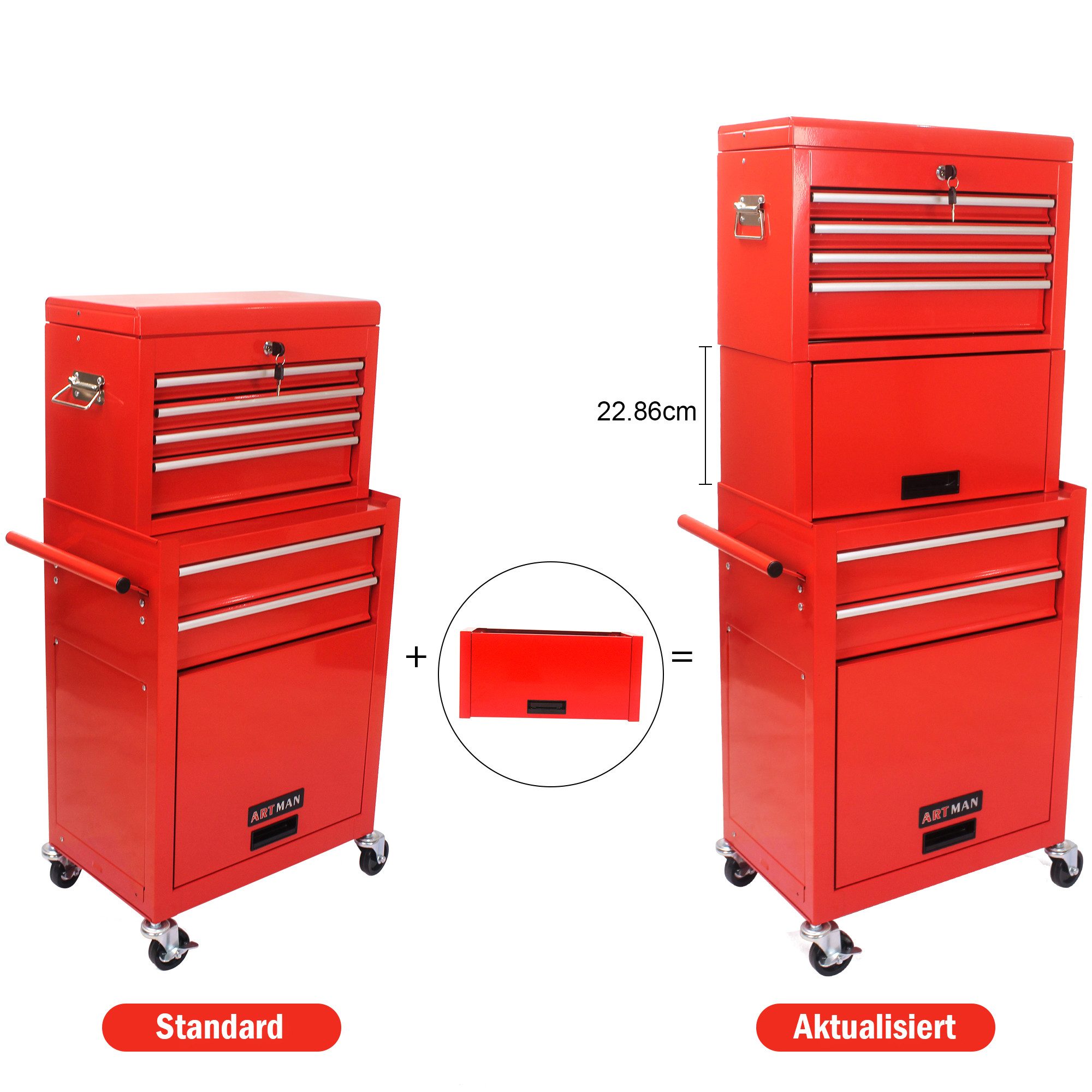 Rolipo Werkzeugwagen Werkstattwagen 6 Schubladen, abschließbar, abnehmbar, 360°-Rädern, Rot, max. Traglast:100 kg, (3-tlg), mit Griff/Haken, für Lagerraum/Arbeitszimmer/Garage/Werkstatt