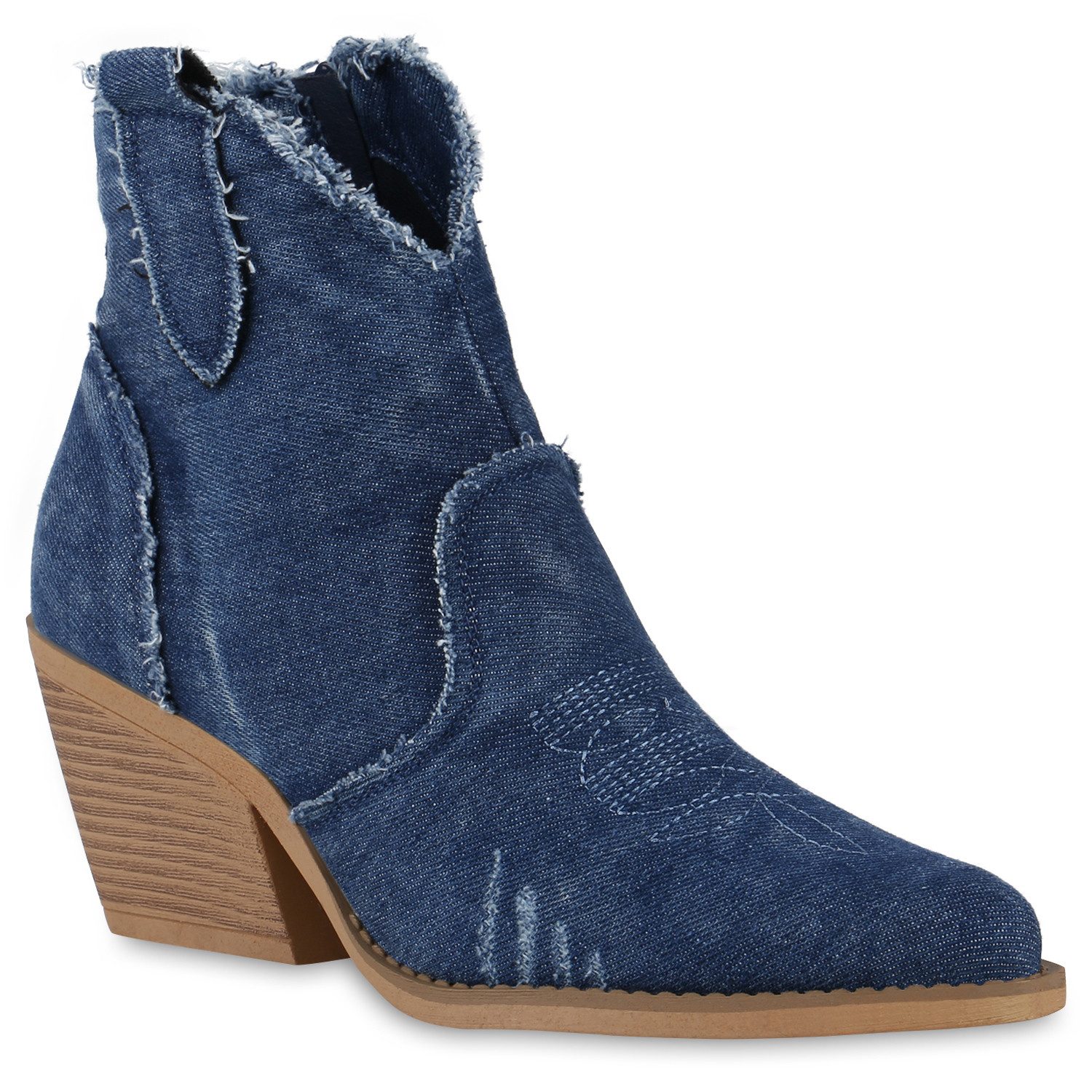 VAN HILL 840976 Cowboy Boots Damen Cowboy Boots Stiefeletten Denim Fransen Stickereien