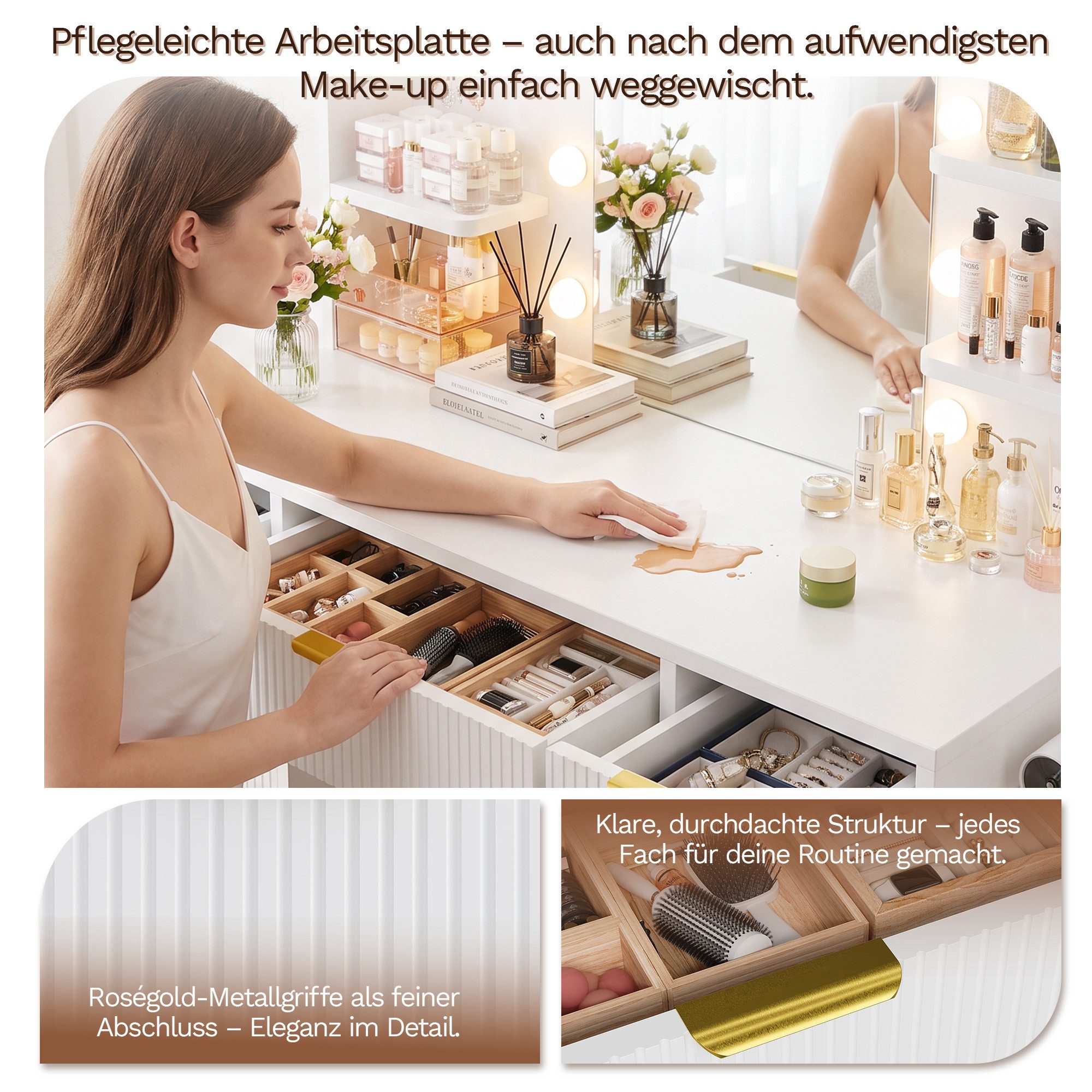 HOMALL Schminktisch LED-Beleuchtung, optional als Set mit Hocker erhältlich (Maße: 108 × 40 × 137 cm, 6 offene Ablagefächer, mit Schmuckhaken, 9 Schubladen, aus – Bild 5 von 5