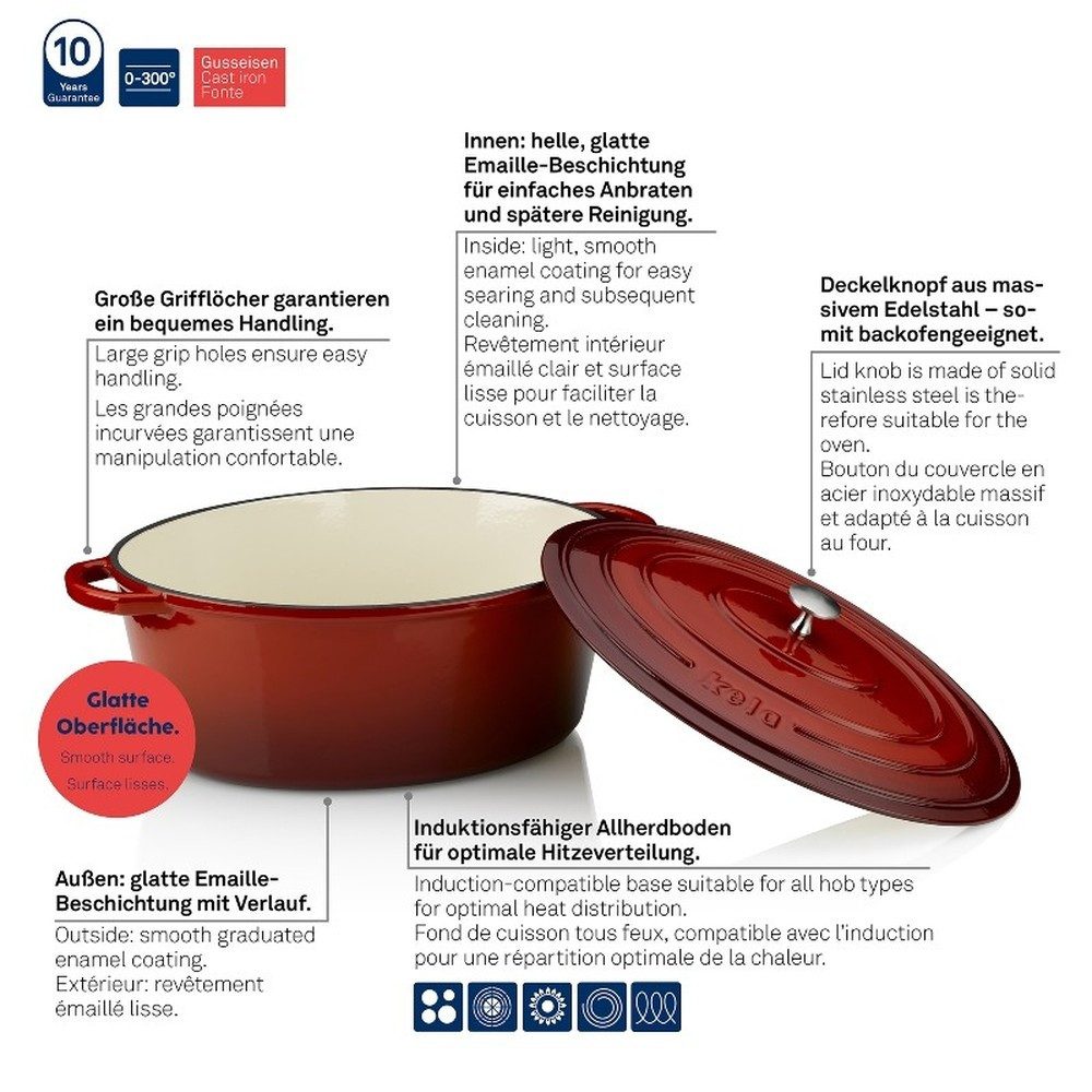 kela Bräter Gusseisen Bräter Calido Oval Rot mit Deckel 9,3 Liter, Gusseisen (1-tlg), Emaillierter Rotverlauf – Bild 3 von 3