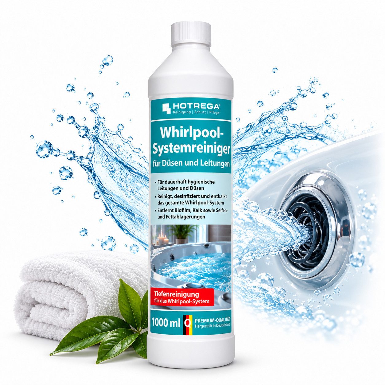 HOTREGA® Whirlpoolsystem Reiniger 1L, Whirlpoolreiniger für Düsen & Leitung Flüssigreiniger (Entfernt Kalk sowie Seifen- & Fettablagerungen, Für 20 Anwendungen Reinigt, desinfiziert & entkalkt Whirlpool Badewannen)