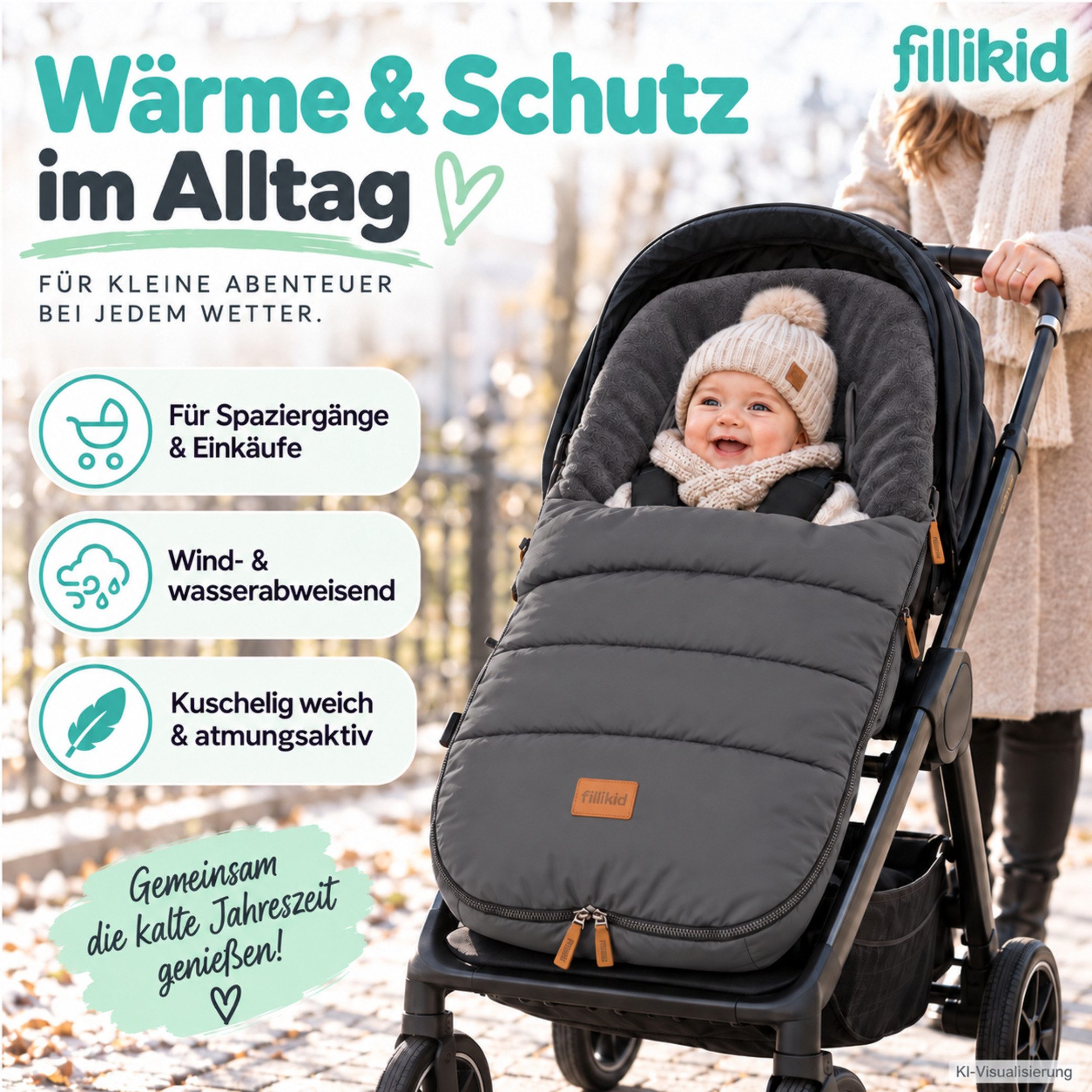 Fillikid Fußsack Winterfußsack Kinley Exklusiv, warmer Winterfußsack waschbar mit Rundum Reißverschluss und – Bild 2 von 5
