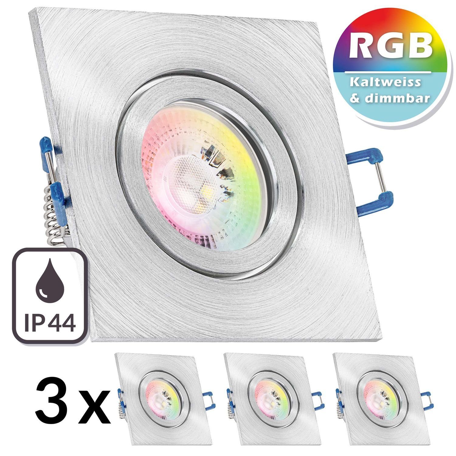 LEDANDO LED Einbaustrahler 3er IP44 RGB LED Einbaustrahler Set GU10 in aluminium matt mit 3W LED