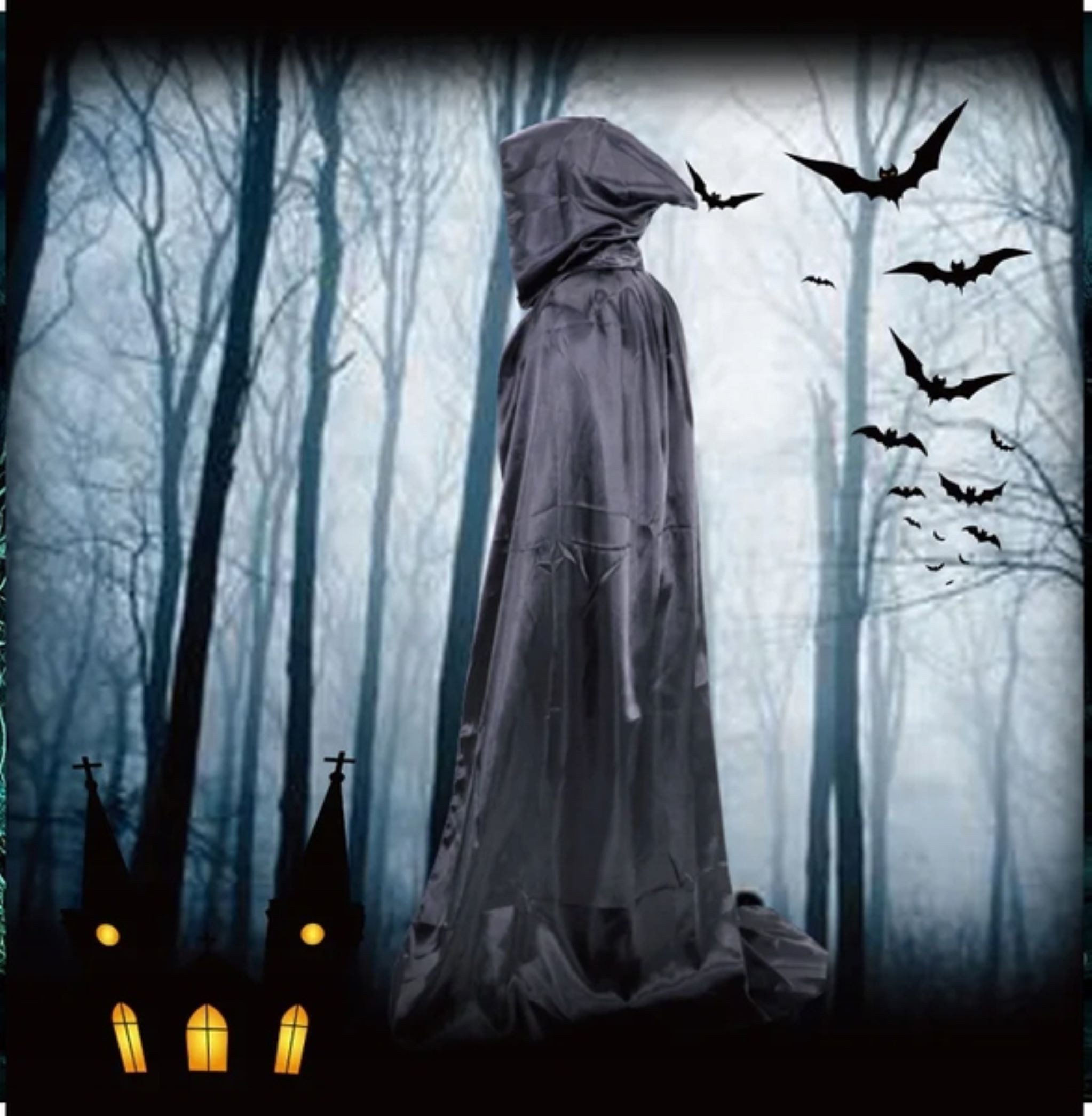 partydeco Kostüm Schwarzer Umhang mit Kapuze 140 cm für Vampir, Gotik, Halloween-Kostüm