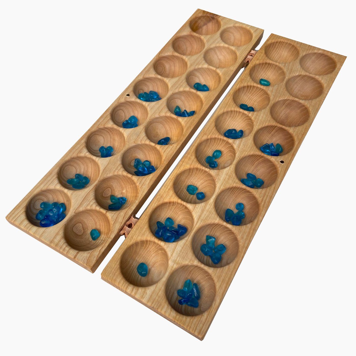 Madera Spielzeuge Spielesammlung Hus/Bao mit 80 Glassteinche, Made in Germany, Strategiespiel,Mancala, besonders große Mulden,Made in Germany