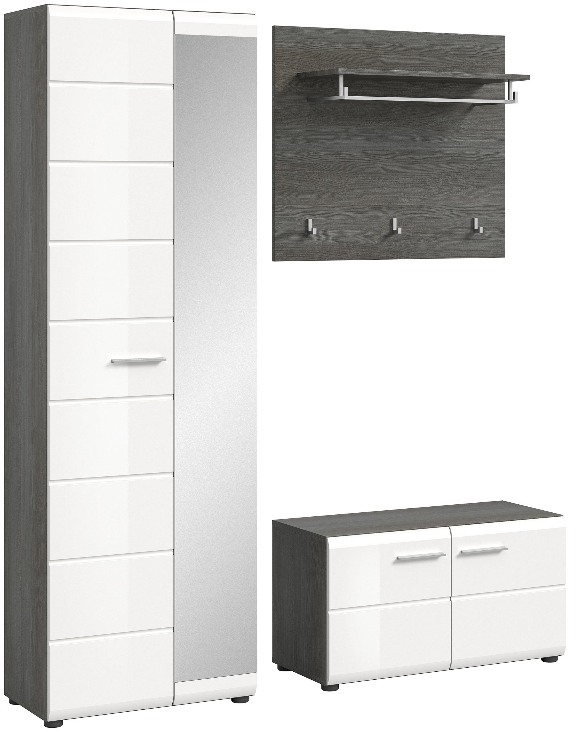 Newroom Garderoben-Set Rauchsilber 155 cm, Garderoben-Set Weiß Hochglanz Rauchsilber Flurmöbel Garderobensch...