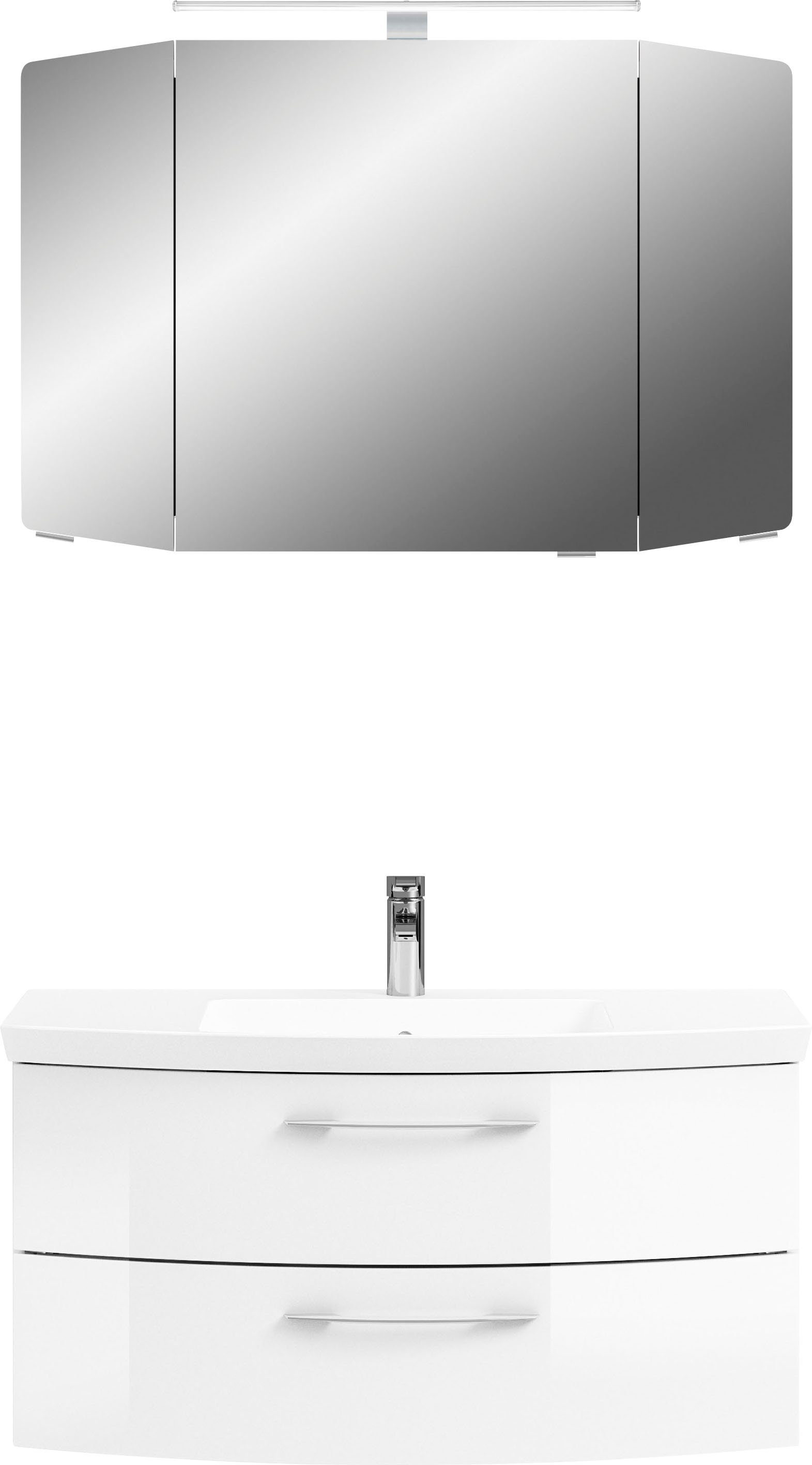 Saphir Badmöbel-Set Cassca Sprint 2-teilig Mineralmarmor-Waschtisch mit LED-Spiegelschrank, (2-St), Waschplatz mit 2 Schubladen, inkl. Dämpfer, 101 cm breit