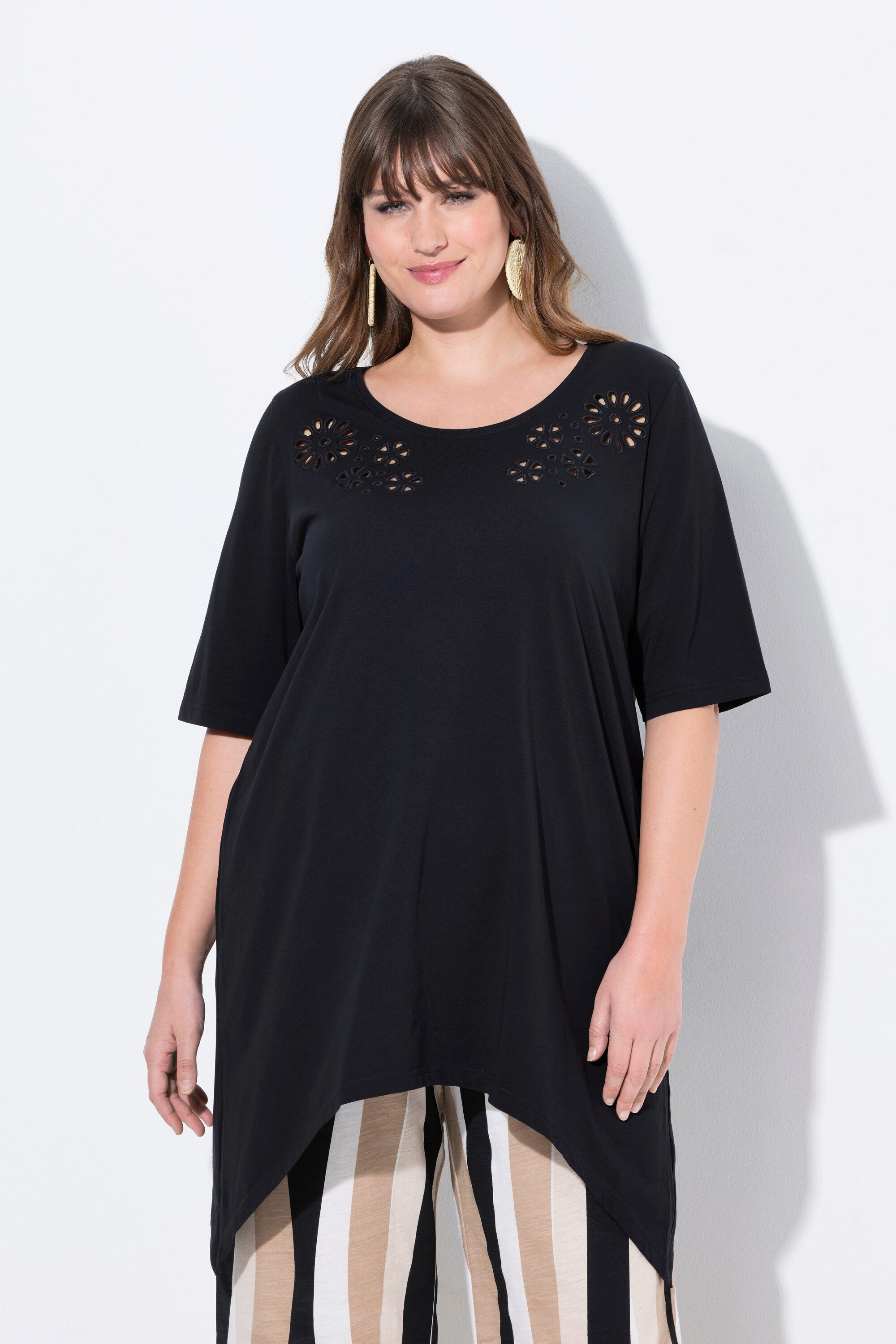 Ulla Popken Longshirt T-Shirt Lochstickerei Rundhals günstig online kaufen