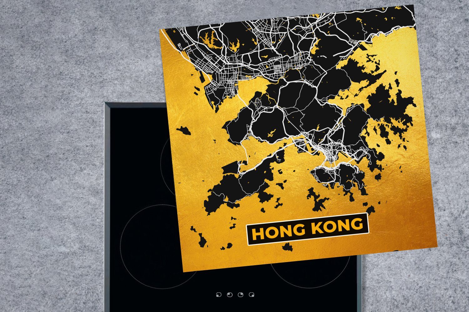 MuchoWow Herdblende-/Abdeckplatte Hongkong cm, - Karte, Arbeitsplatte Ceranfeldabdeckung, - für Gold Stadtplan 78x78 Vinyl, küche (1 - tlg)
