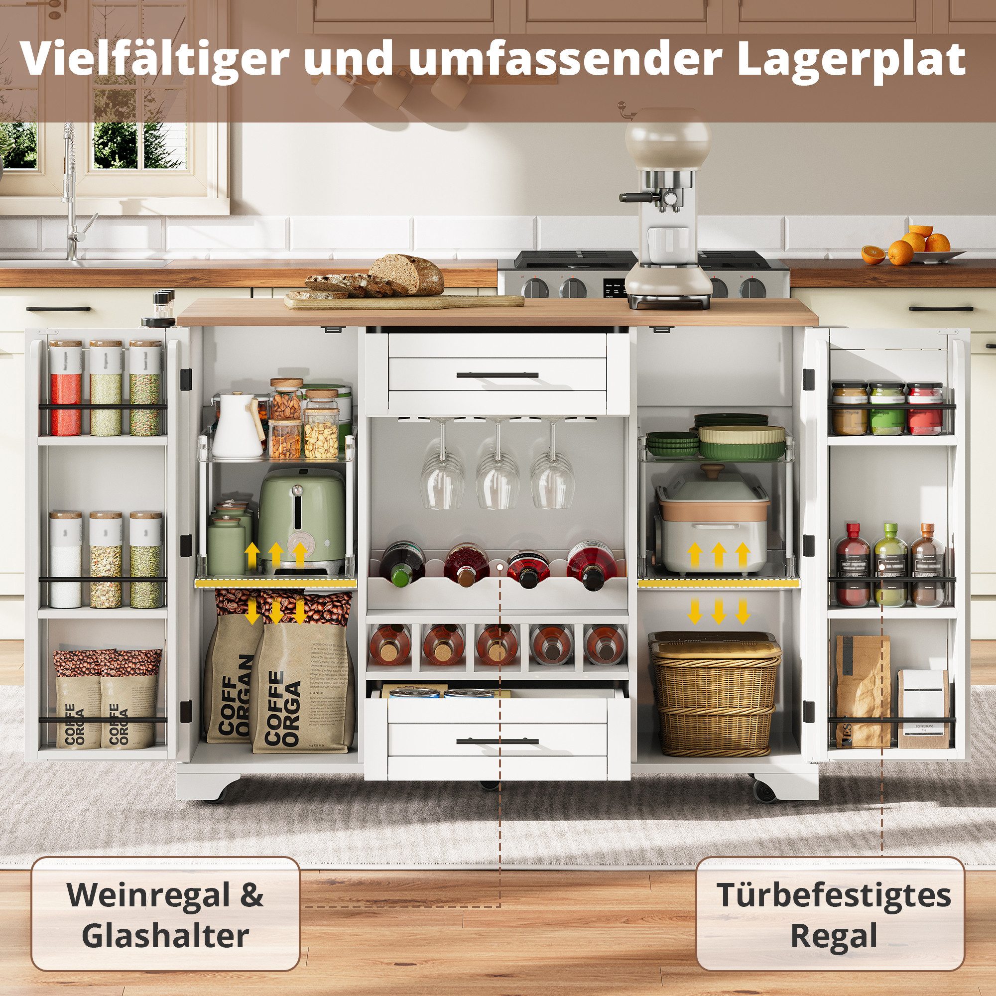 Celya Küchenwagen Kücheninsel auf Rollen mit Weinregal und klappbarer Arbeitsplatte, mit 2 Schubladen, Glashalter, Gewürzregal und Handtuchhalter