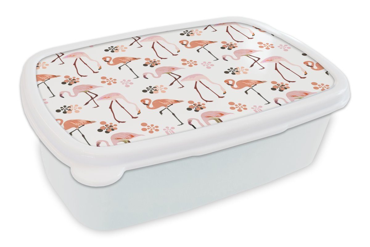 MuchoWow Lunchbox Muster - Flamingo - Blumen, Kunststoff, (2-tlg), Brotbox für Kinder und Erwachsene, Brotdose, für Jungs und Mädchen weiß