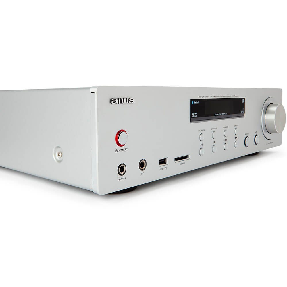 kHz, Kanäle: AV-Empfänger Einstellungen -Verstärker, Treble Audioverstärker > 120 (Anzahl bei Kanaltrennung Aiwa unabhängige dB W und W, 2X 80 10dB, Vollalphanumerisches Tonregelung 2, v5.0-Empfänger 60 AMU-120BT 1 +/- BT Bass &
