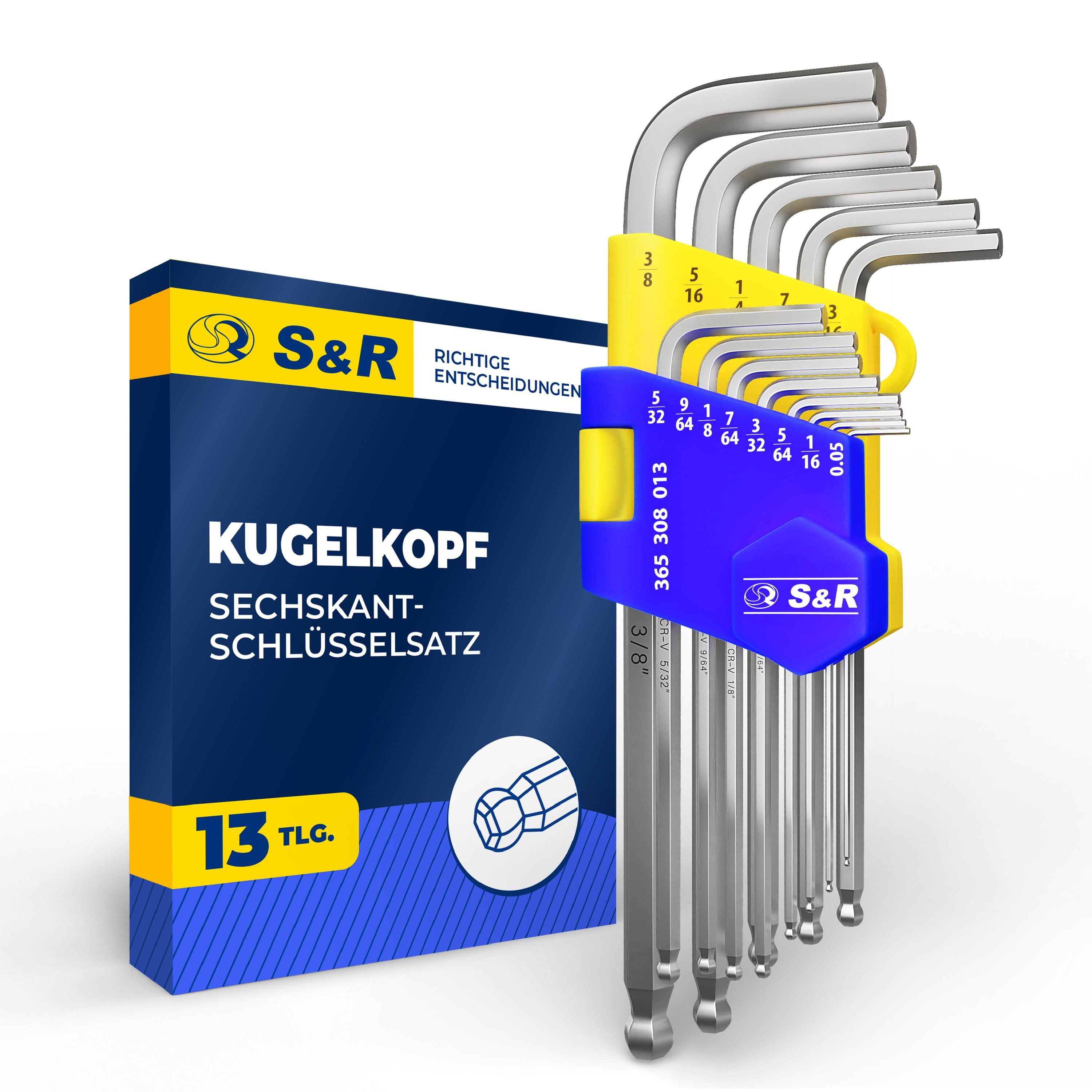 S&R Innensechskantschlüssel Innensechskantschlüssel Satz HX,13-tlg mit Kugelkopf in Kunststoffclip (Set, 13 St., 13-tlg, 0,05 bis 3/8 Zoll), 0,05 Zoll bis 3/8 Zoll, Cr-V-Stahl gehärtet, Korrosionsschutz