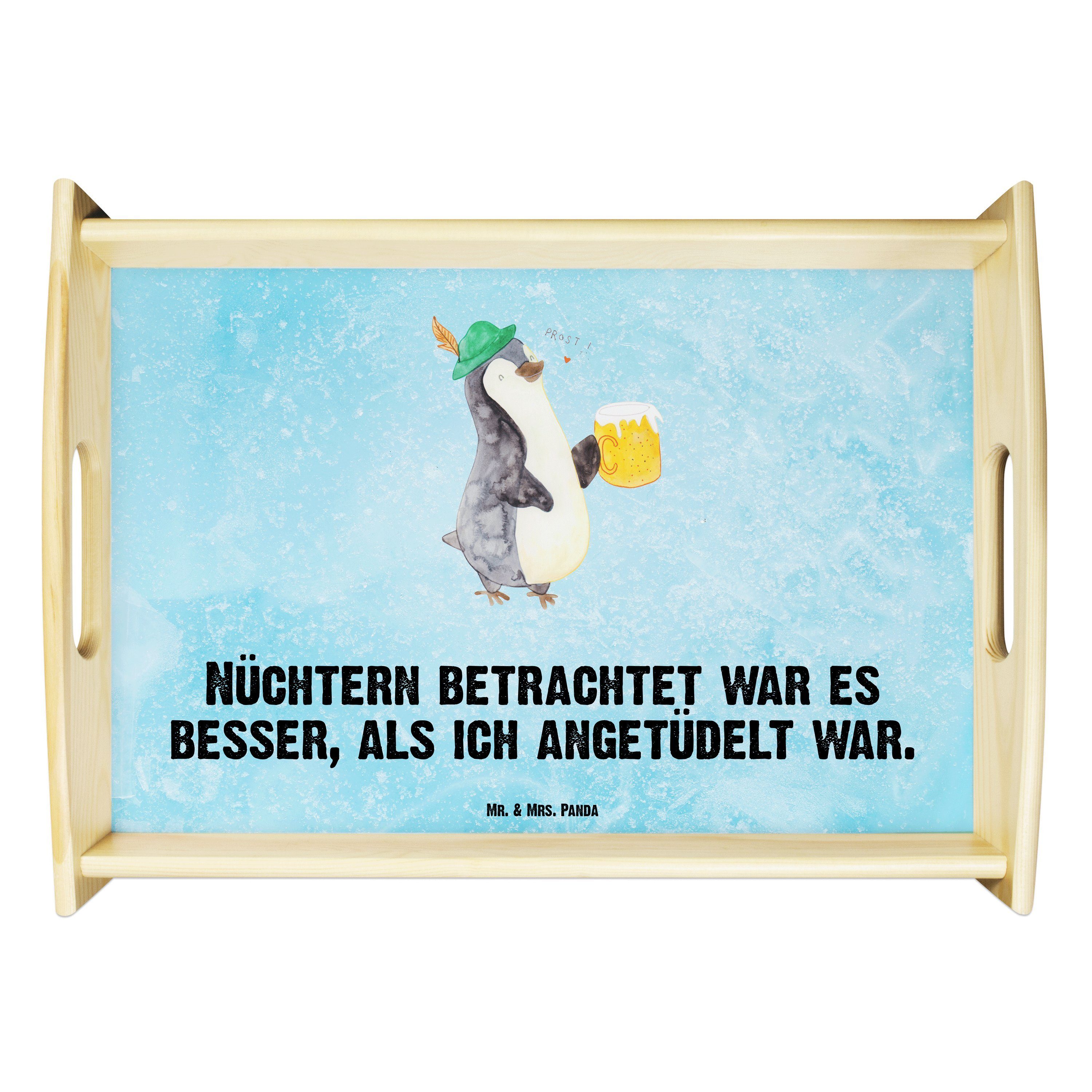 Mr. & Mrs. Panda Tablett Pinguin Bier - Eisblau - Geschenk, Pinguine, Tablett, Dekotablett, Ho, Echtholz lasiert, (1-tlg)